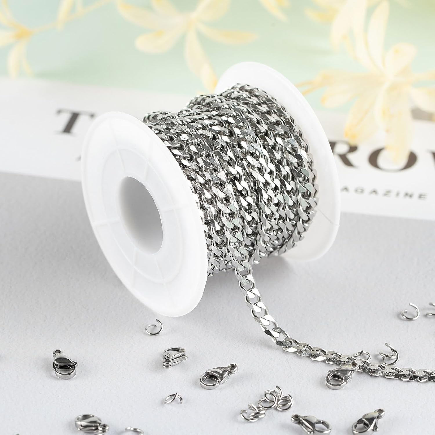 UMAOKANG 16.4 Feet Stainless Steel Chains for Jewelry Making Cuban Chains Bulk with Jump Rings and Lobster Clasps Curb Cuban Jewelry Chain Roll
