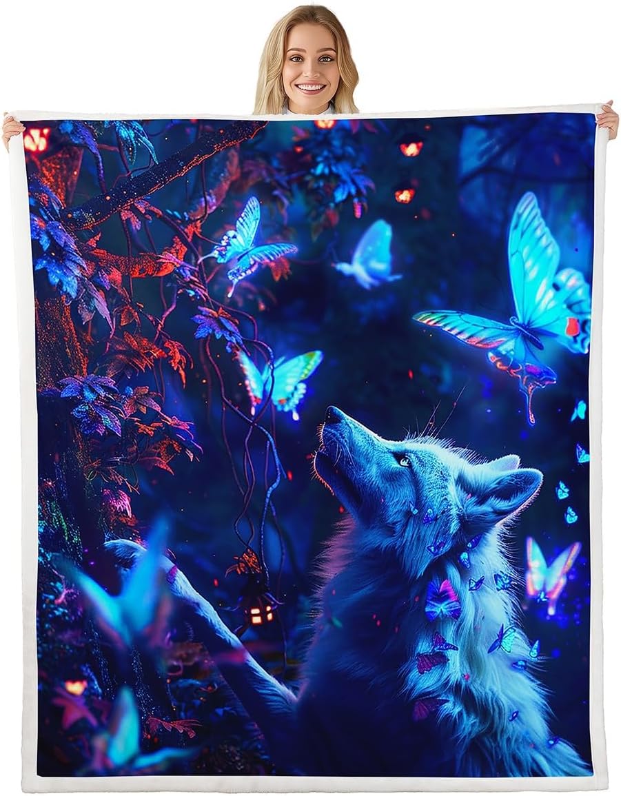 Feelyou Kids Wolf Fleece Throw Blanket Queen 90"x90" Butterfly Sherpa Blanket Boys Girls Wild Safari Animal Pattern Plush Blanket Wildlife Style Decor Fuzzy Blanket