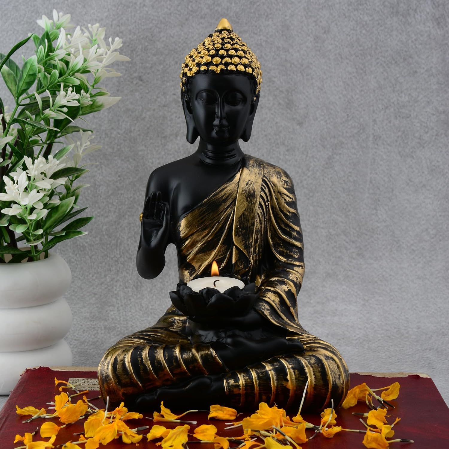 POPSY (बुद्ध प्रतिमा Meditating Sitting Buddha Idol Statue for Table Top and Home Décor Perfect for Living Room, Bedroom (Tea - Light (Black 10Inch))