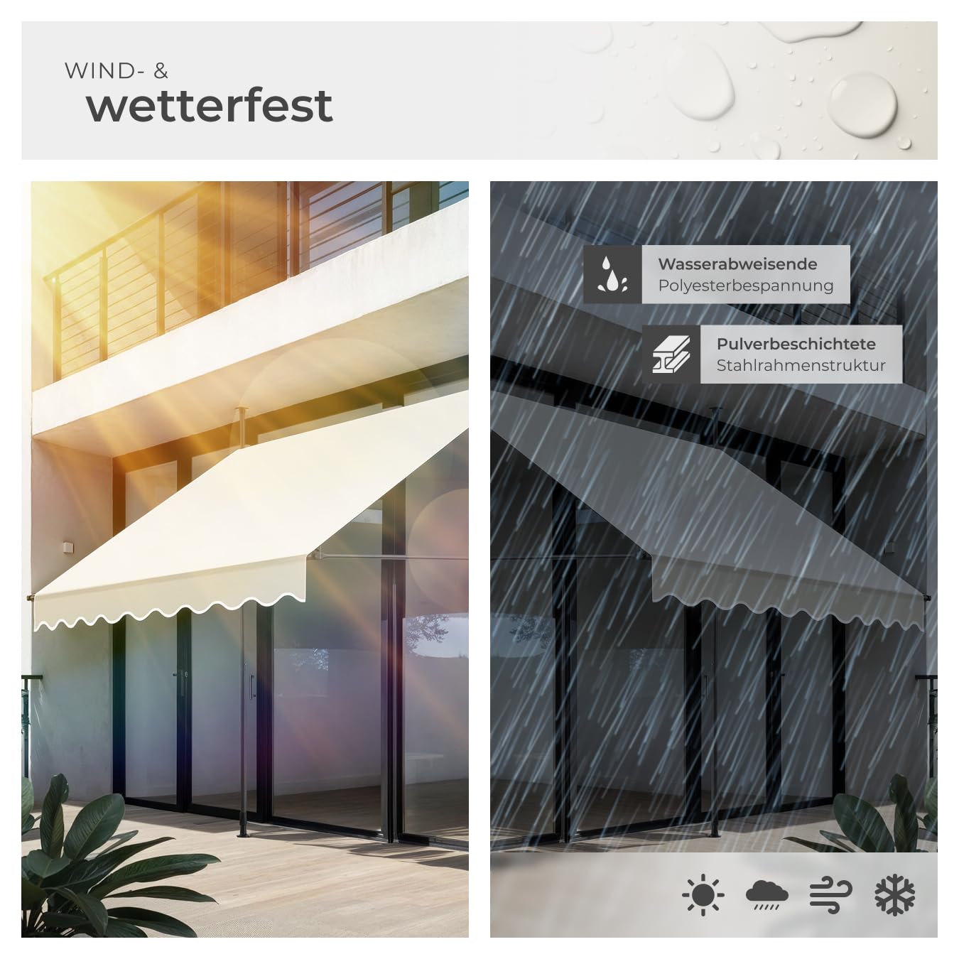 tectake® Klemmmarkise mit Handkurbel, Balkon Markise ohne Bohren, Markise höhenverstellbar, UV-beständig, wasserabweisend, Terrassenüberdachung, Sonnenschutz Terrasse & Balkon, Breite 200 cm - beige