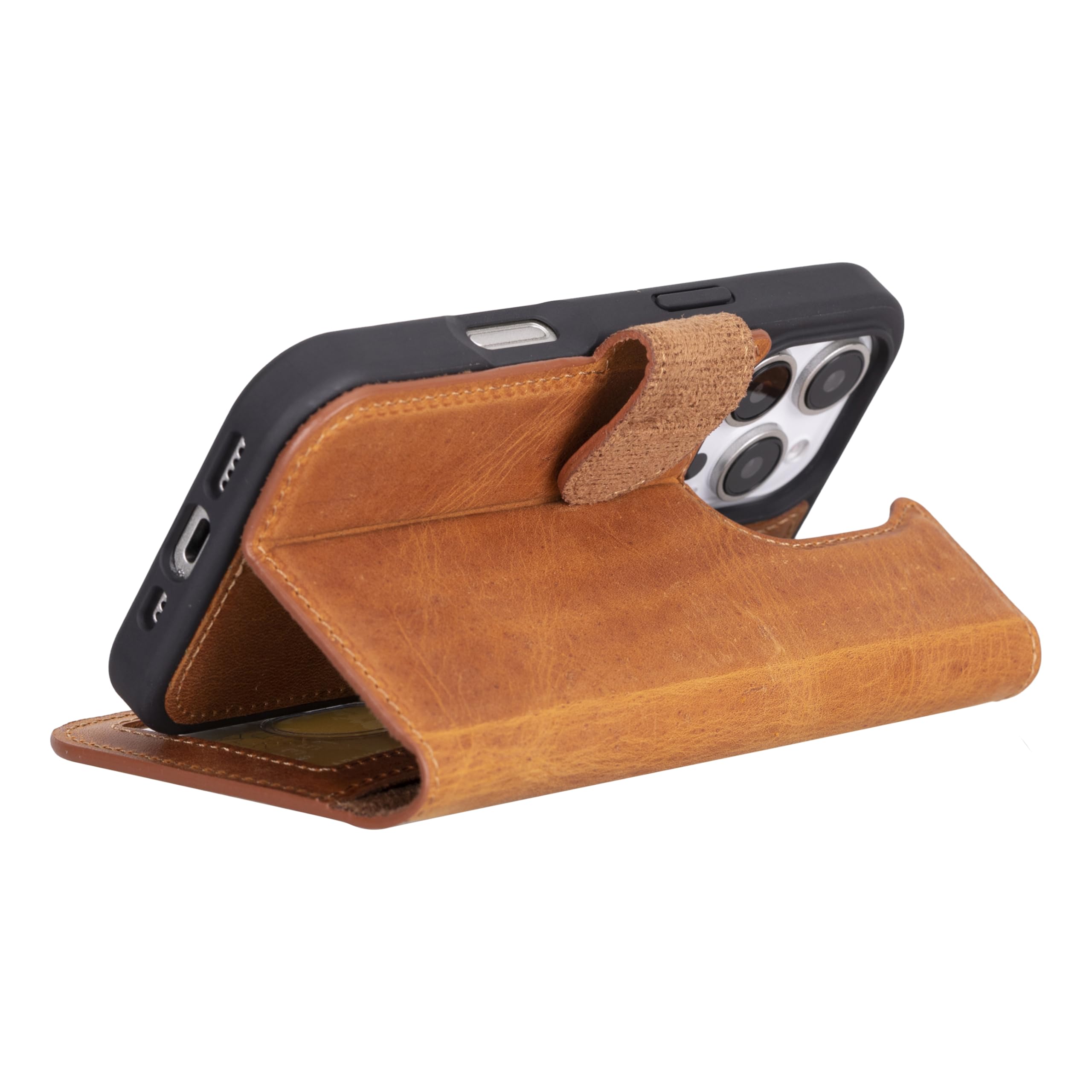 Funda tipo cartera de piel auténtica compatible con iPhone 16 Pro, carga inalámbrica magnética (compatible con MagSafe), funda tipo libro con tarjetero, bloqueo RFID, soporte, 6.3 pulgadas (marrón