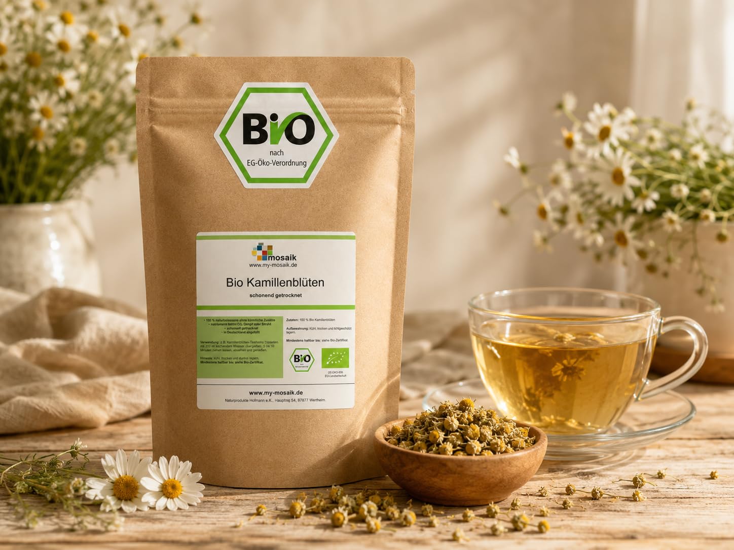 Kamillentee Bio - ganze Kamillenblüten getrocknet - abgefüllt und kontrolliert in Deutschland (1000g)