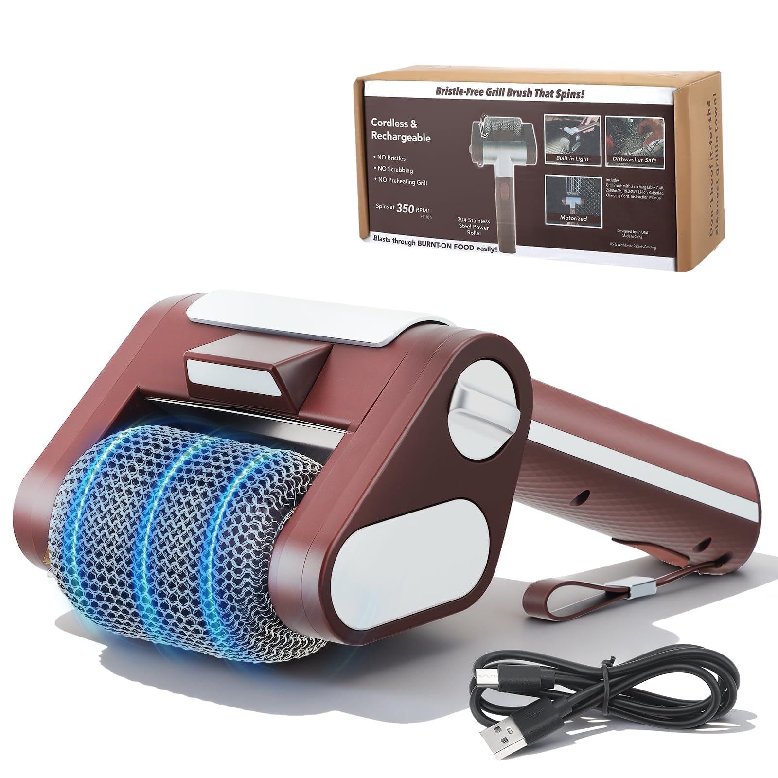 Brosse Électrique sans Fil pour Barbecue,avec Lumière LED,en Acier Inoxydable 304,sans Poils,Rechargeable Et sans Fil,pour Tous Les Types De Barbecues