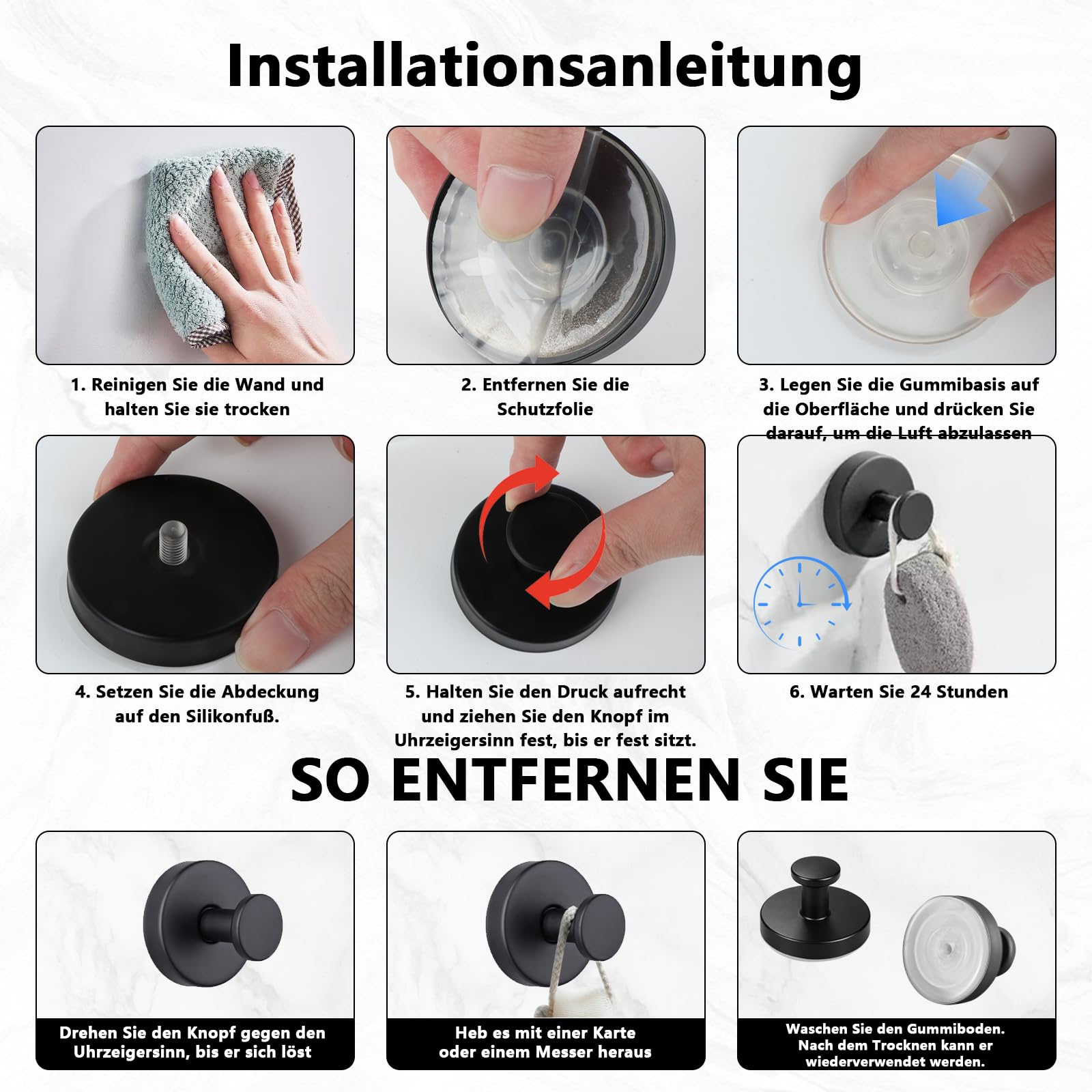 4 Pz Ganci a Ventosa Super Resistenti, Appendiabiti a Ventosa in Acciaio Inox Nero, Ventose con Gancio senza foratura, Appendi Accappatoio Bagno Cucina, Asciugamani, Cappotti