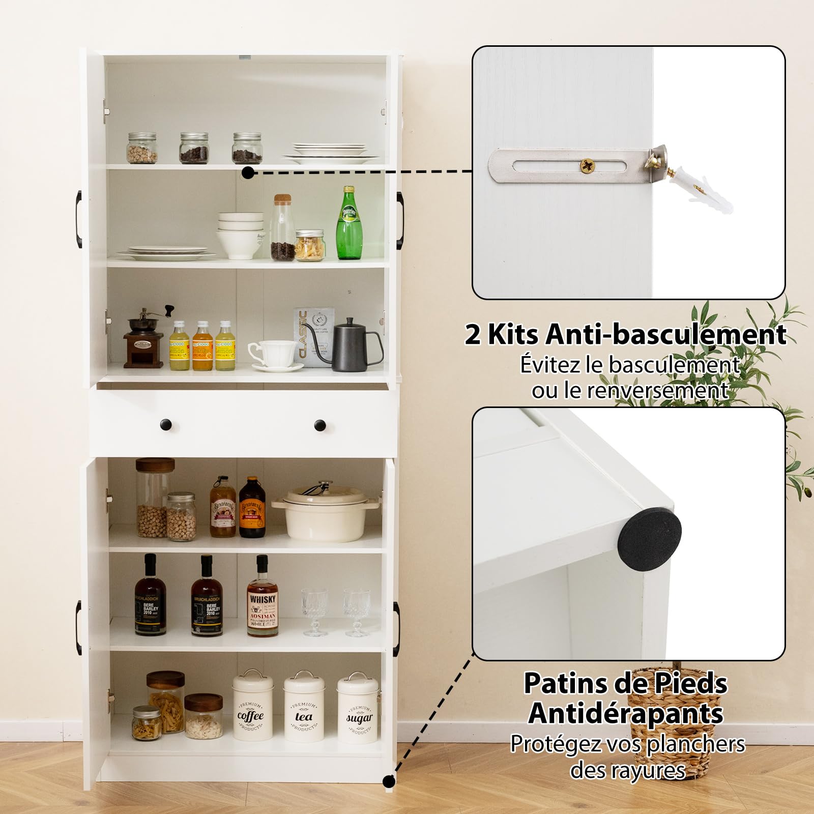 COSTWAY Armoire de Rangement 183 cm, Armoire Chambre 4 Portes avec Grand Tiroir, 3 Étagères Ajustables, Style Porte Grange Moderne, 2 Kits Anti-Basculement, pour Salon, Salle de Bain (Blanc)