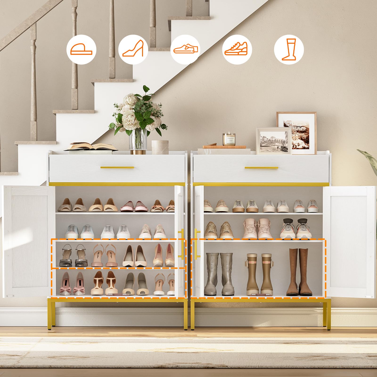 Scarpiera In Legno HOOBRO Per 16 Coppie - Scaffale A 8 Livelli Con Ganci, Marrone Rustico, 50x28x113 Cm - Foto 12