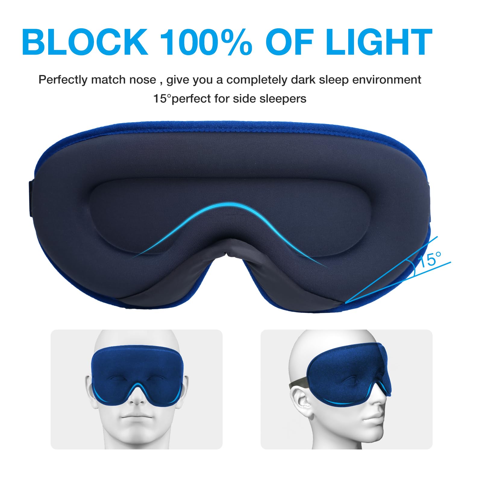 LYSIAN Cooling Sense - Antifaz 3D para dormir para mujeres y hombres, máscara de ojos con diseño contorneado con 5 pares de tapones para los oídos, bloquea la luz para un sueño profundo, color azul | Máscara opaca sin presión sobre los ojos, ajustable y c