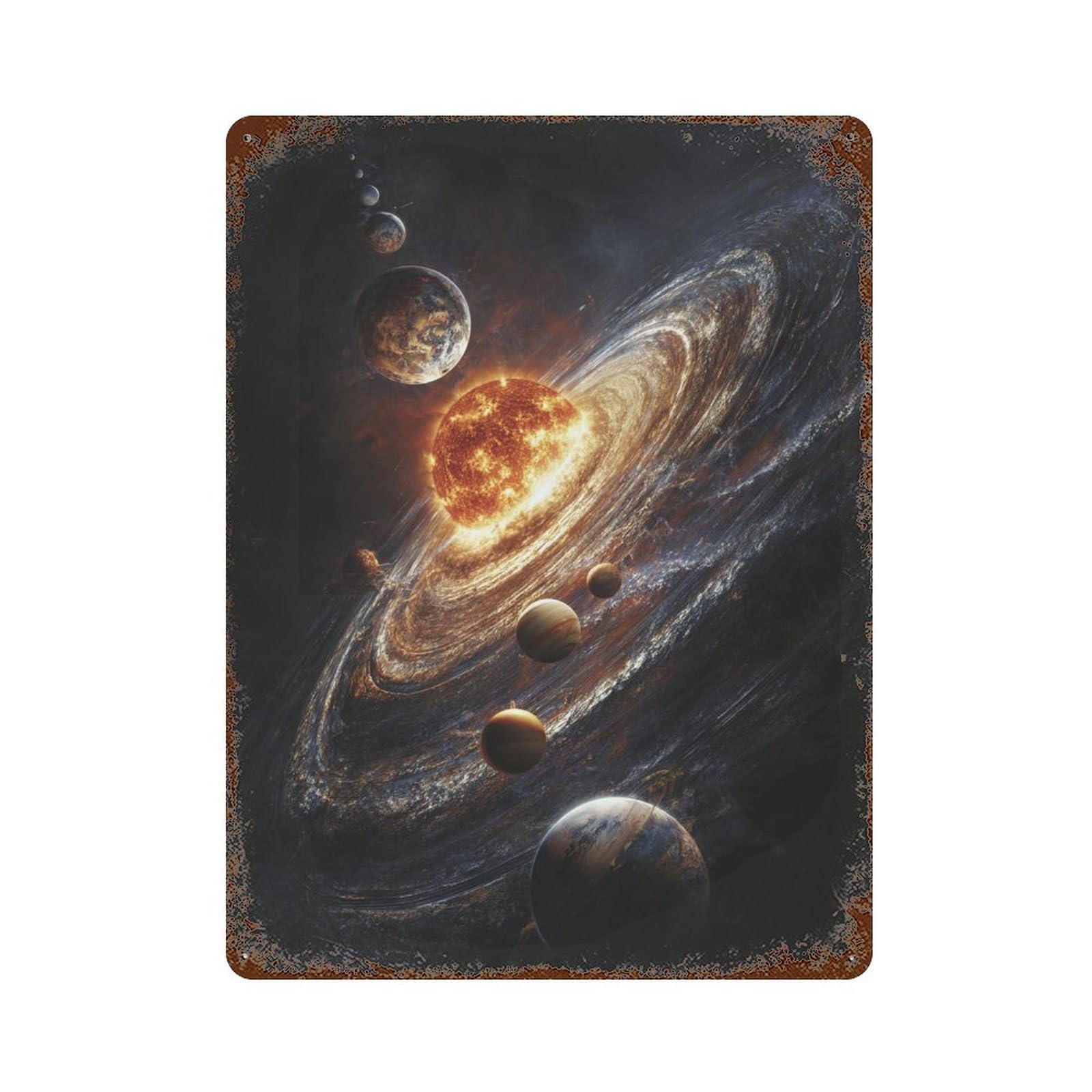 Galactic Planetary System Rust Effect Tin Sign 15.7"x11.8", Vintage Wall Decor for Garage, Pub Or Kitchen