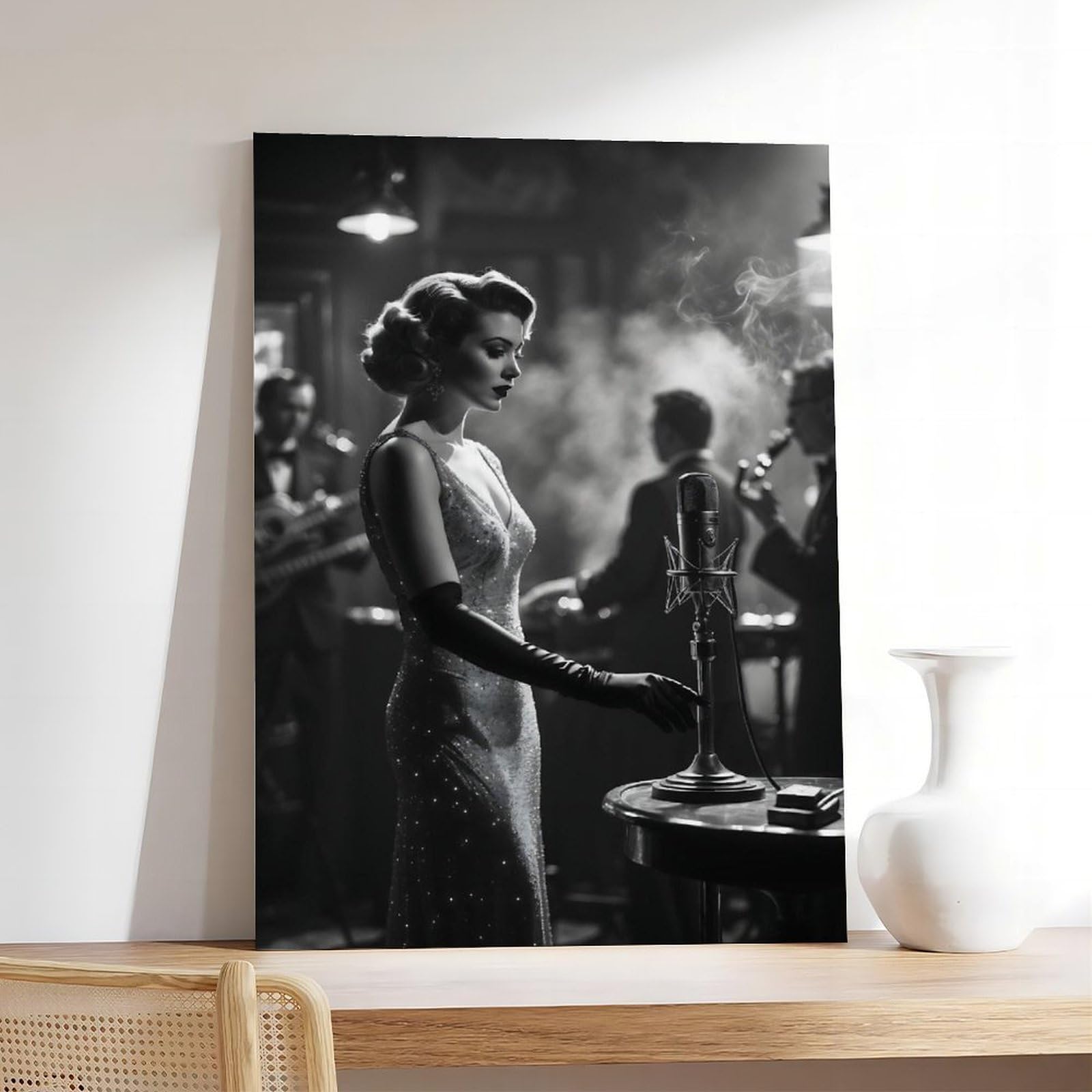 QIENAZIO Poster da parete in stile retrò con cantante jazz, musica in bianco e nero, elegante decorazione artistica da parete per camera da letto, ufficio, cucina, regalo, 60 x 90 cm