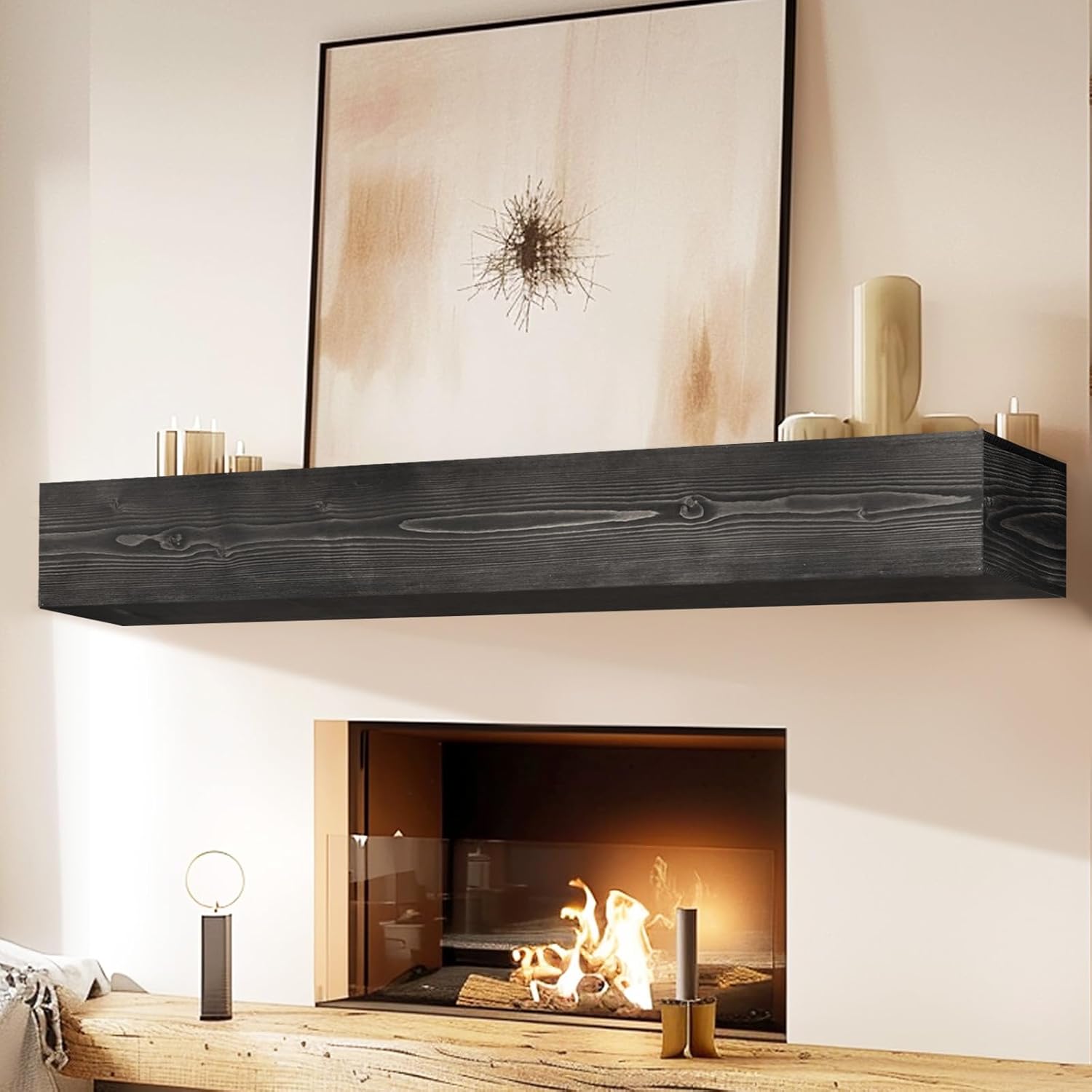 Fireplace Mantel Handmade, 6'' Thick Wall Decor Long Floating Shelf, 60inch Rustic Wood Shelf with Invisible Brackets, Black 6'' thick- 60'' L Black