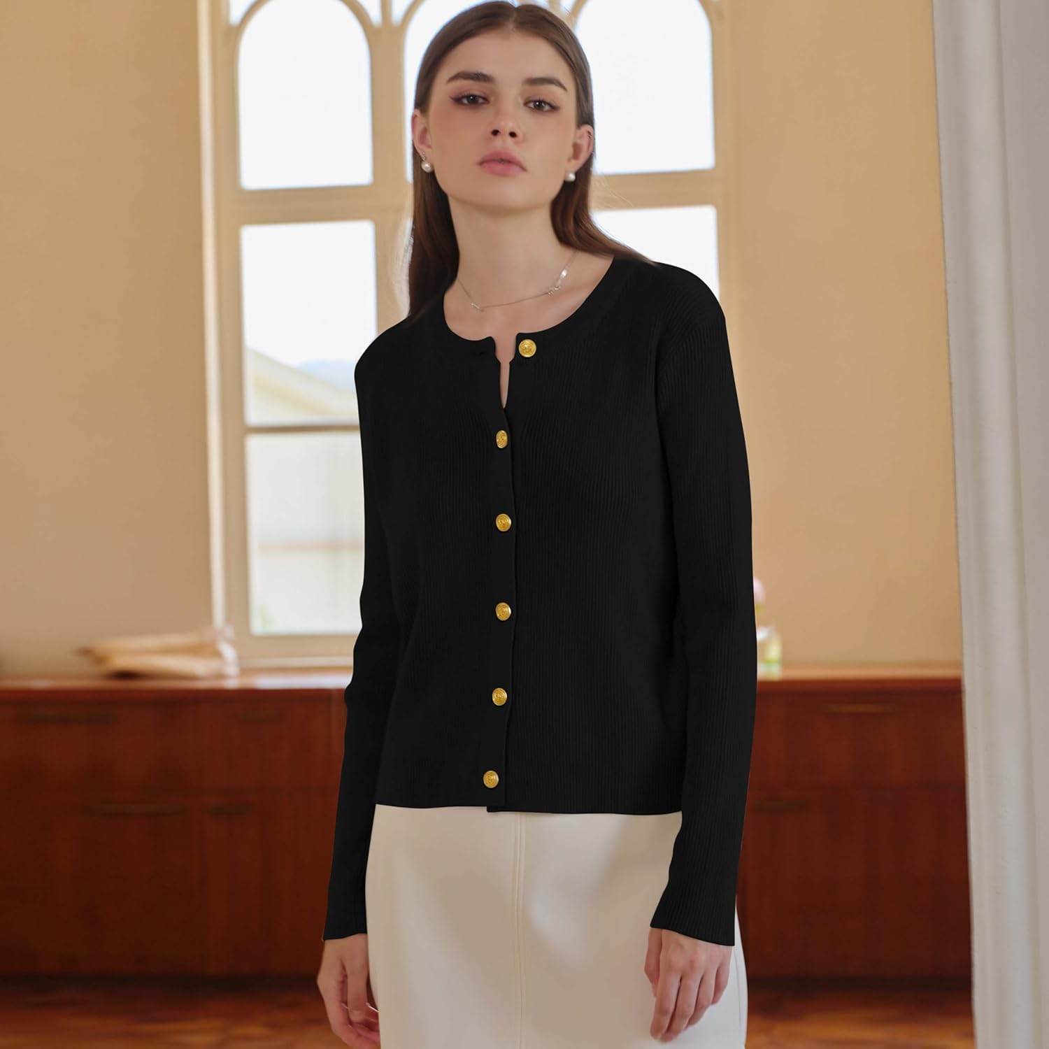 Women's Lightweight Button Cardigan Sweater Long Sleeve Top Fall Crew Neck Knit Solid Jackets Fashion Clothes Outfits - Image 2