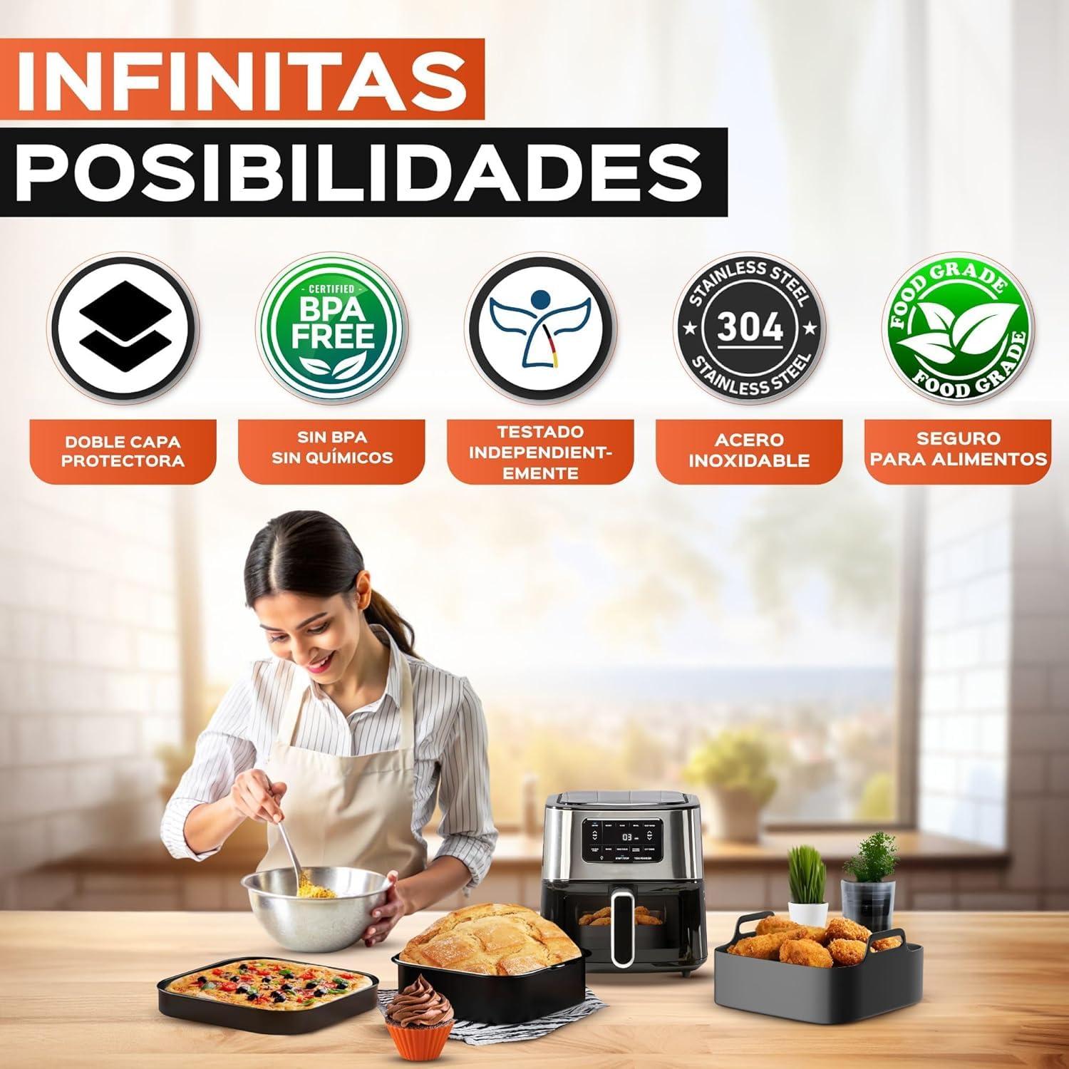 Accesorios Freidora Aire Cuadrada compatible con Cecotec, Cosori, Philips | Compatibilidad universal 5.5-7.5L, Silicona LFGB, sin BPA, apta lavavajillas. Incluye moldes y rejilla para grill