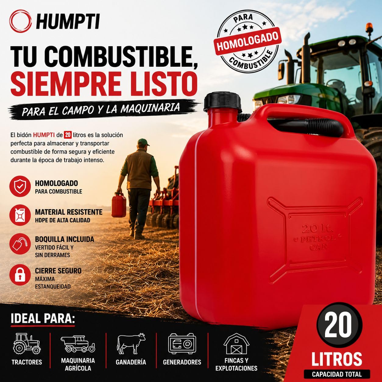 Jerrican Essence 20L Homologué Plastique avec Jauge de Niveau - Bidon Carburant Pack 3 Unités - Pour Essence Gasoil et Diesel, 60L Total