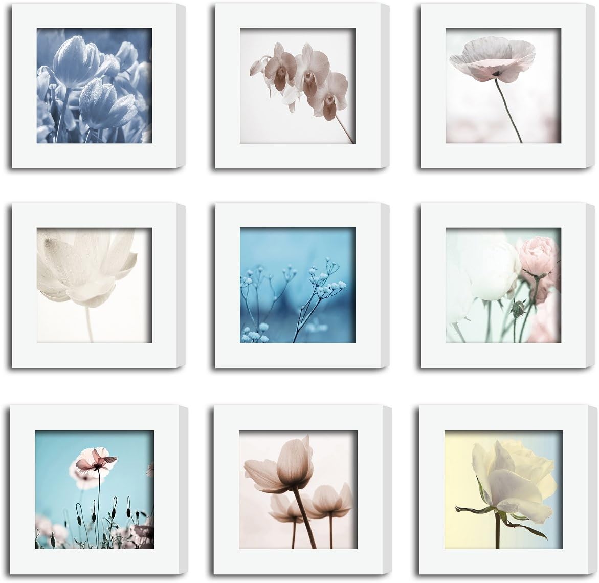 9Pcs 4x4 Real Glass Wood Frame White , Fit Family Image Pictures Photo (Window 3.6x3.6 inch) , Desktop Stand On Wall Family Combine Square Flower Lotus Rose Motivational Decoration (10 Set Pictures)