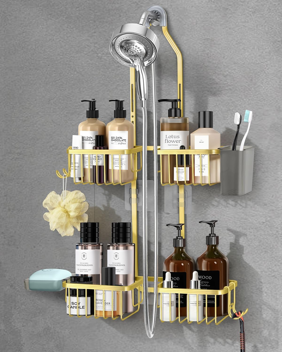 Adjustable Shower Caddy Hanging for Handheld Showerheads - Never Rust Shower Hanging Organizer, Upgraded Bathroom Shower Rack with Soap Basket, Hooks and Toothbrush Holder (Gold)