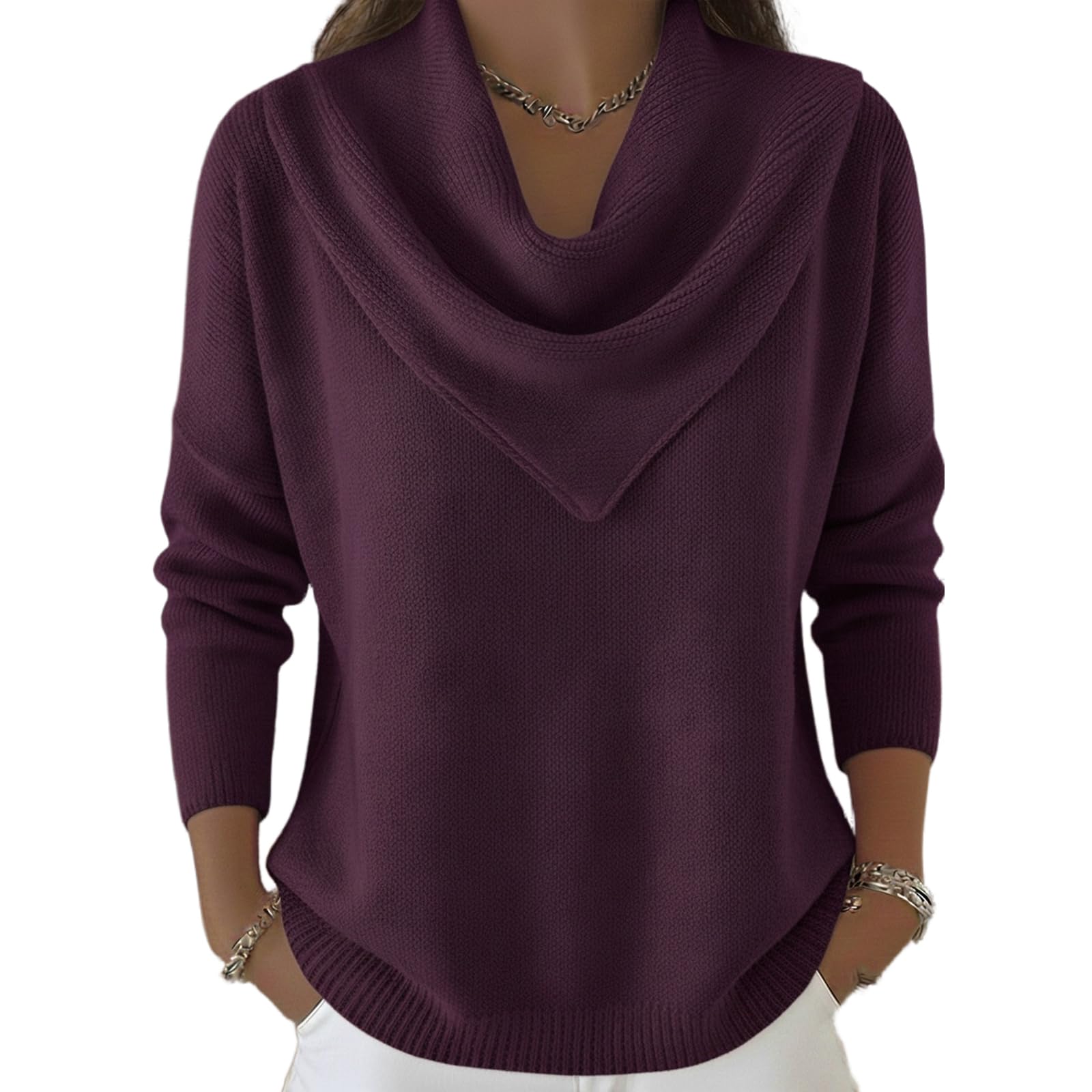 Elegant Retro Soft Triangle Neck Solid Color Sweater Top Womens Long-Sleeve Sweaters for Fall and Winter