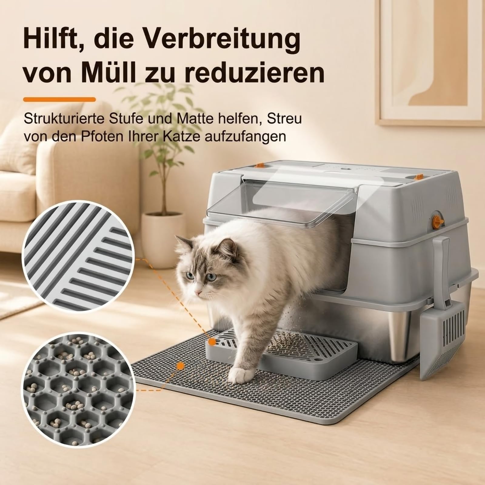 Lettiera per gatti in acciaio inox con coperchio, con ingresso laterale, per gatti di grandi dimensioni, anti-perdite, controllo degli odori con filtro al carbonio, include paletta e tappetino
