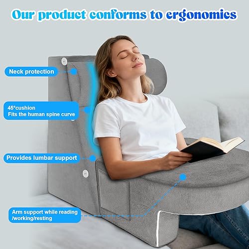 Miniatura 3 de Juego de 3 almohadas de lectura para adultos, soporte ergonómico para espaldacuello con brazos y bolsillos, espuma de alta densidad 26D para cama,