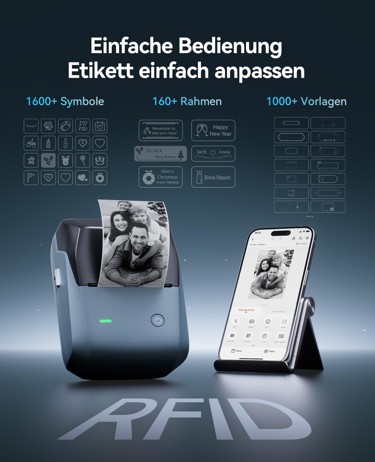 NIIMBOT Etikettendrucker, B1 Pro Etikettiergerät mit Größeres Etiketten, 300 DPI HD Etikettiergerät, Fotodrucker für Fotos, Logo, Wörter, für Zuhause, Büro oder Geschäft, 3 Rollen Etiketten