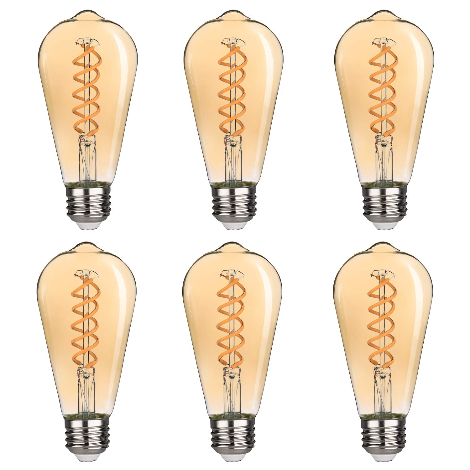 EMITTING Vintage Edison LED Bulb, ST64 6W Warm White 2500K, Antique Flexible Spiral LED Filament Light Bulb, 450lm Non-Dimmable, 6W Equivalent to 60W, E27 Base Amber Glass (6W-2500K-6Pack)