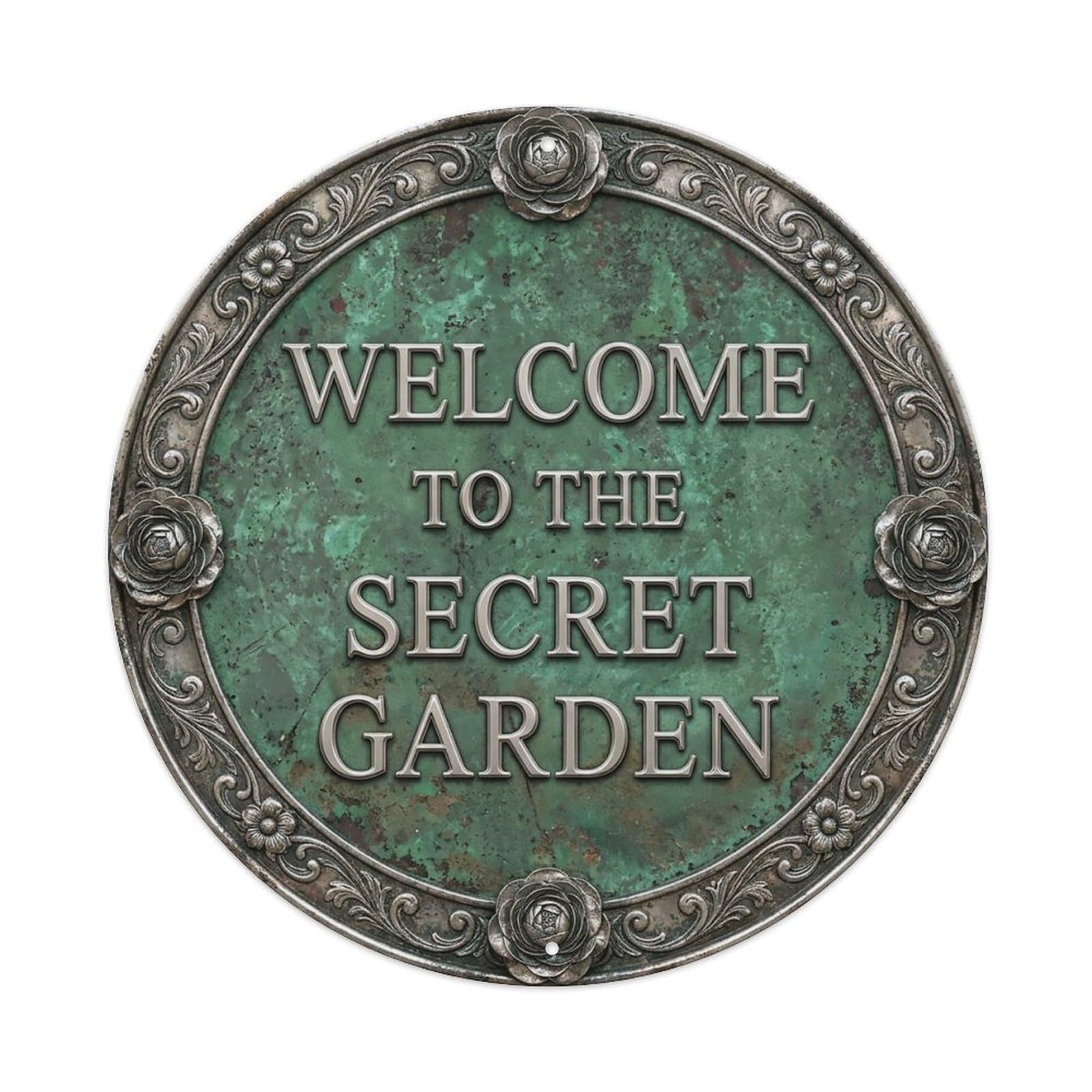Vintage Welcome Secret Garden Silver Thyme Ranunculus Metal Tin Sign