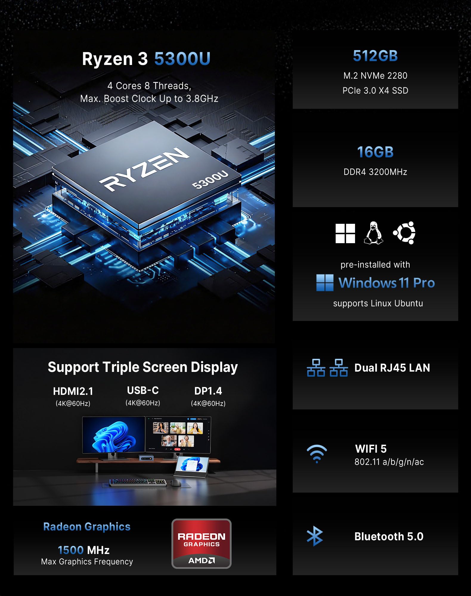 BOSGAME E5 Home-Office-Mini PC, Ryzen 5300U (Schlägt 4300U/N150, Bis zu 3.8GHz), 16GB DDR4 RAM 512GB NVMe SSD, Windows 11 Pro, HDMI/DP/USB-C, Triple 4K Display, Dual LAN, WiFi 5, BT5.0, Mini Computer