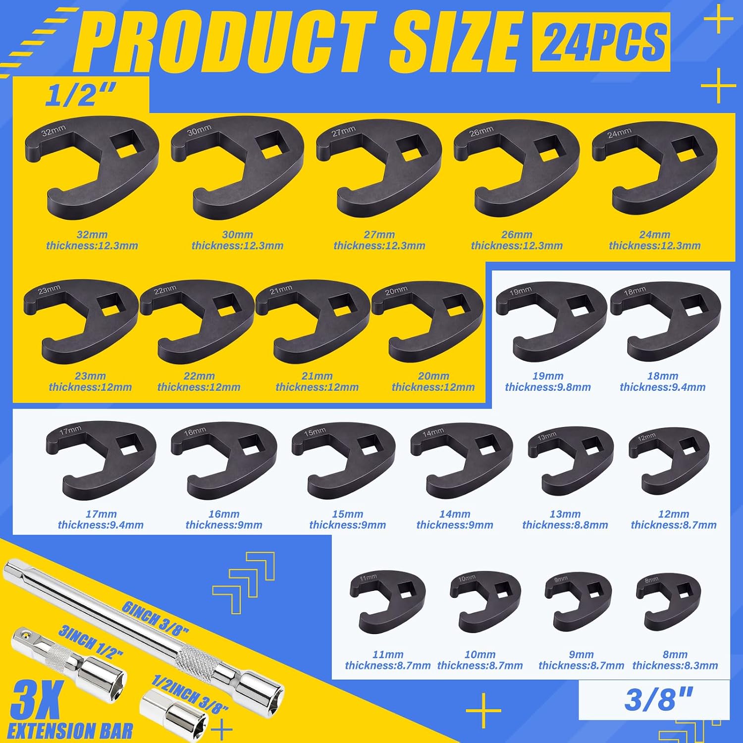 24 Pcs Drive Crows Foot Wrench Set 1/2" and 3/8" Drive Flare Nut Wrench Set with 3 Extension Bars Metric 8-32mm 6 Point Crow Foot Wrenches Kit for Brake Line, Fuel Line and Auto Repair