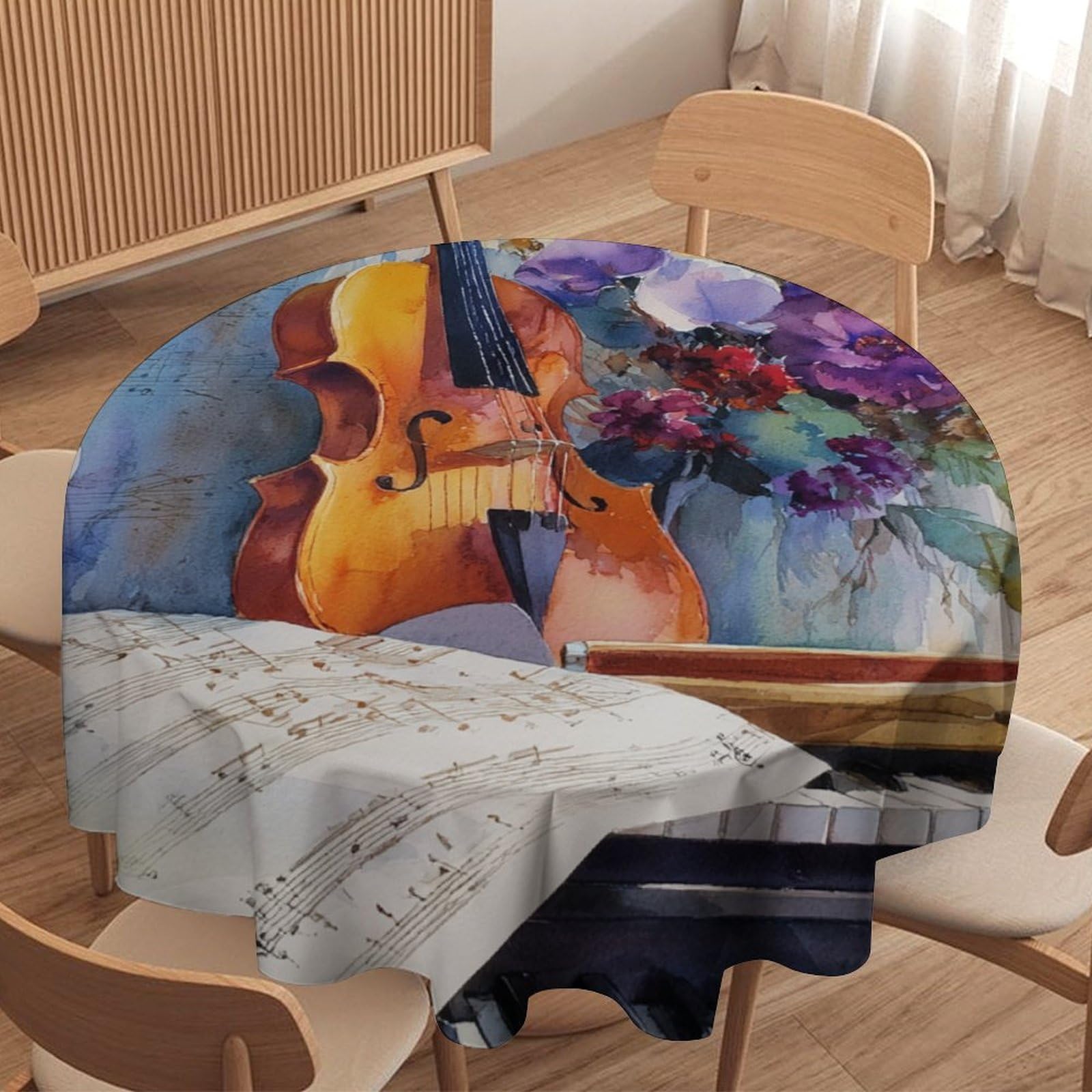 LUYYSKY Fantasy Rustic Music Theme Round Tablecloth Modern Aesthetic Music Instrument Violin Piano Flowers Pattern Washable Decor for Table Cover for Kitchen-152.4" Wx152.4 L cm