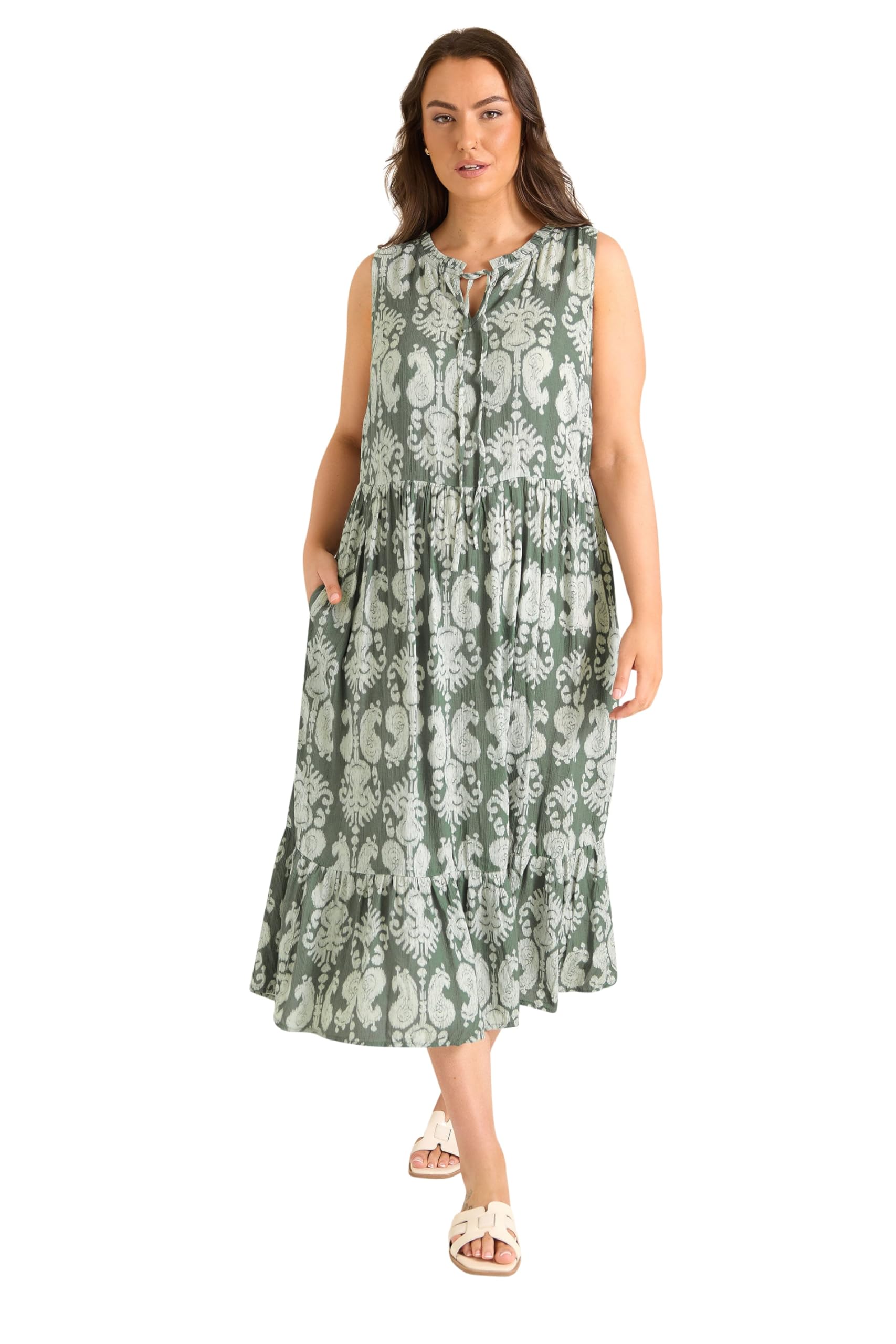 Evans Women's Green Curve Abstract Print Tie Neck Midi Dress - Plus Size Curve