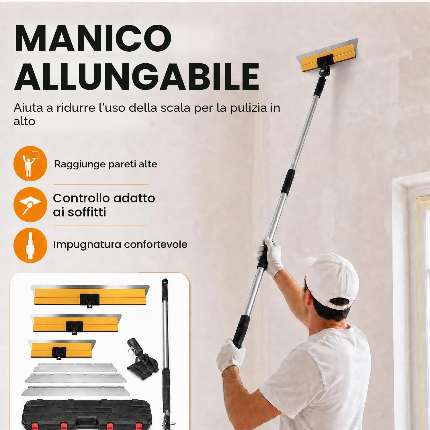 Set Lame per Rasatura 30/50/80 cm | Tre Lame in Acciaio Inox con Ricambi, Manico Telescopico e Valigetta per Pareti, Soffitti, Stucco e Cartongesso