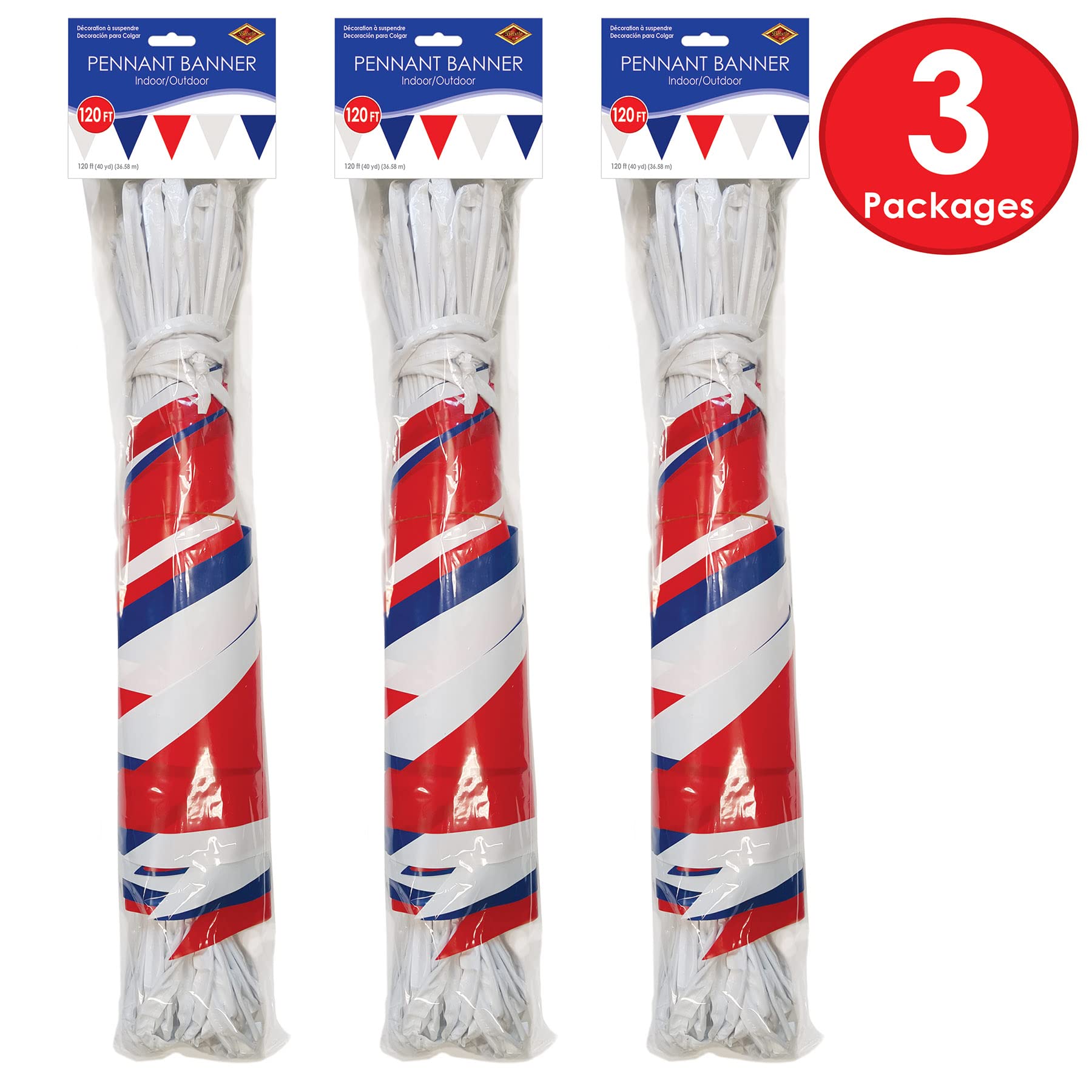 Beistle Banderines de plástico Rojo, Blanco y Azul de 3 Piezas para Decoraciones del 4 de Julio, Suministros de Fiesta patriótica