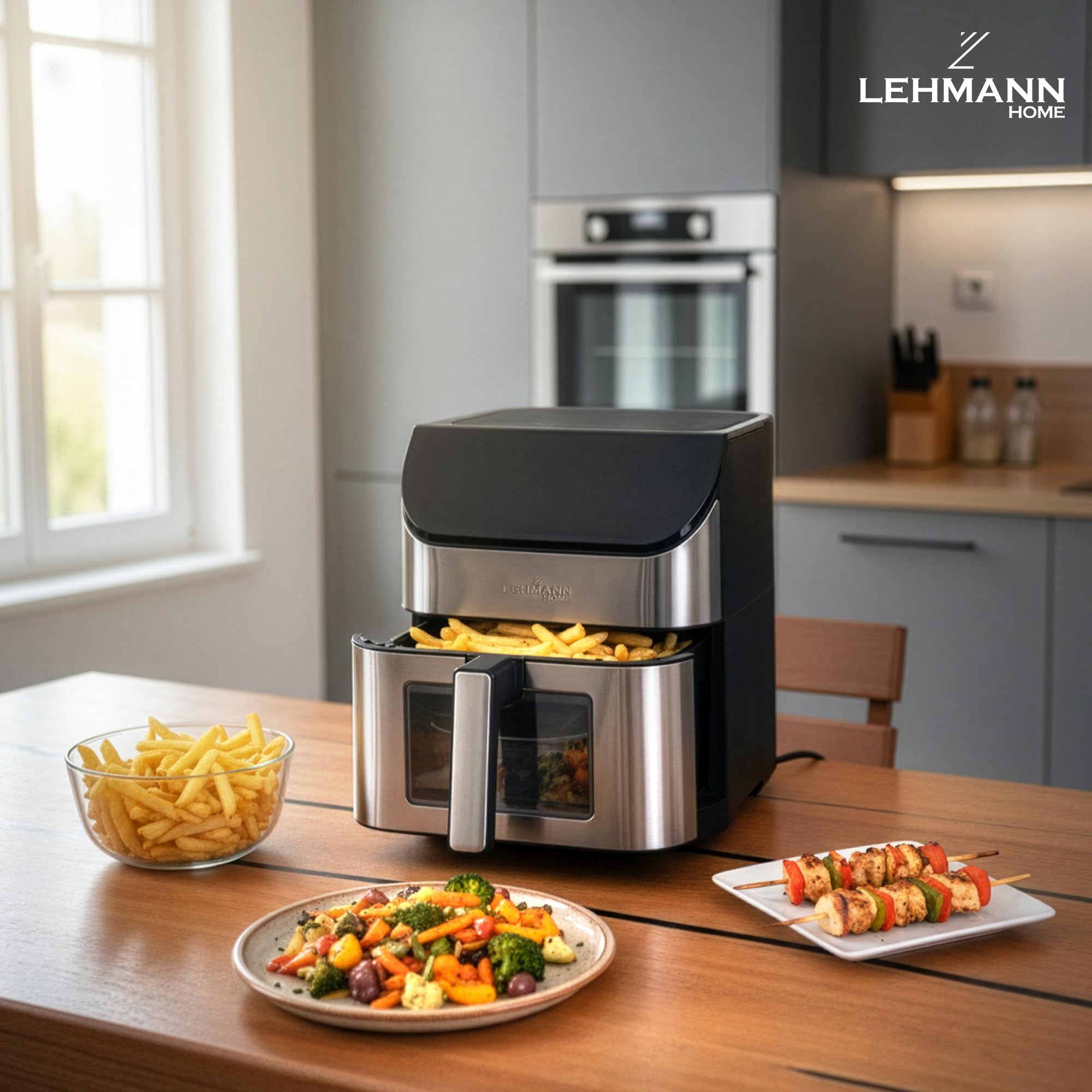LEHMANN Air Fryer 8L avec Compartiment Flexible Dual Zone, Fenêtre, 12 programmes, Réglage Température 76-200°C, Écran Tactile LED, Revêtement Antiadhésif, 90% de Matières Grasses en Moins