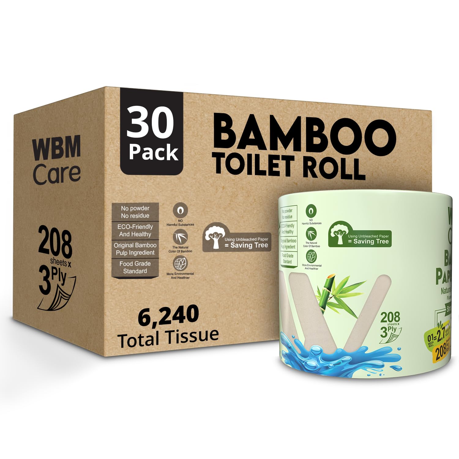 WBM Care W8103-B4-P30-1 - Carta igienica in bambù, forte e flessibile, a 3 strati, completamente naturale, priva di alberi e sicure per l'igiene, 250 fogli, 30 rotoli