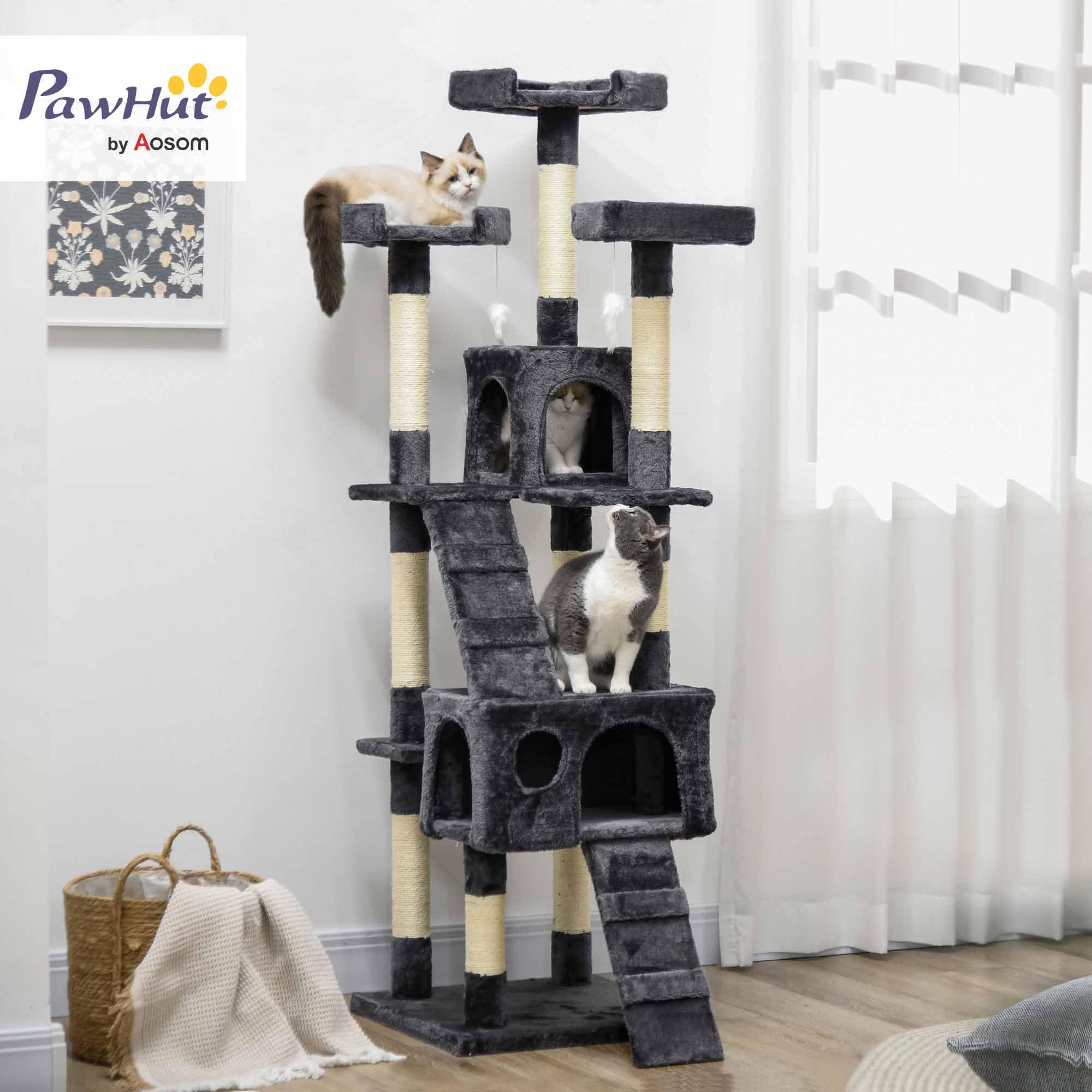 PawHut Árbol Rascador para Gatos Torre Escalador 2 Cuevas 173cm Gris Oscuro | Árbol para Gatos, 3 Camas, 2 Rampas, Postes de Sisal, 2 Ratones Colgantes