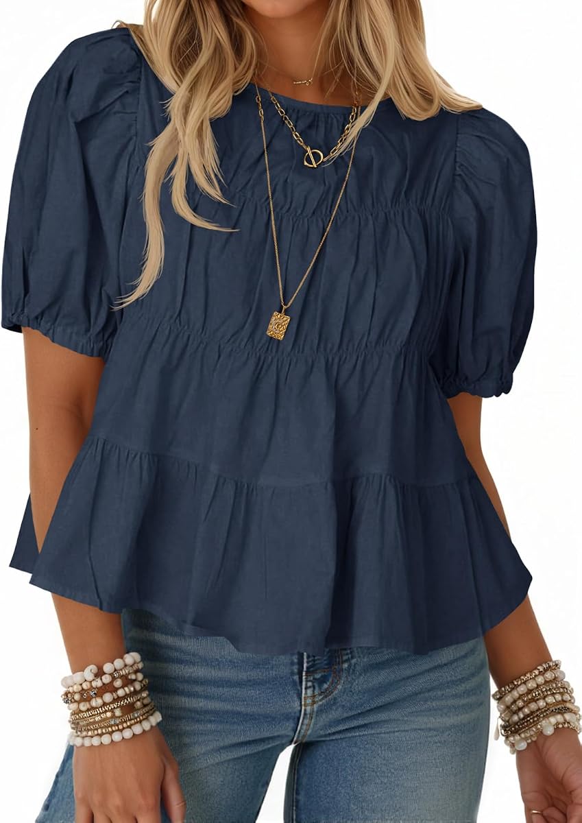 Tankaneo Blusa tipo babydoll con peplum y mangas abullonadas para mujer | Camisas fluidas de algodón plisadas, informales, bonita camiseta de muñeca para bebé, ajuste holgado, manga corta, ropa de moda