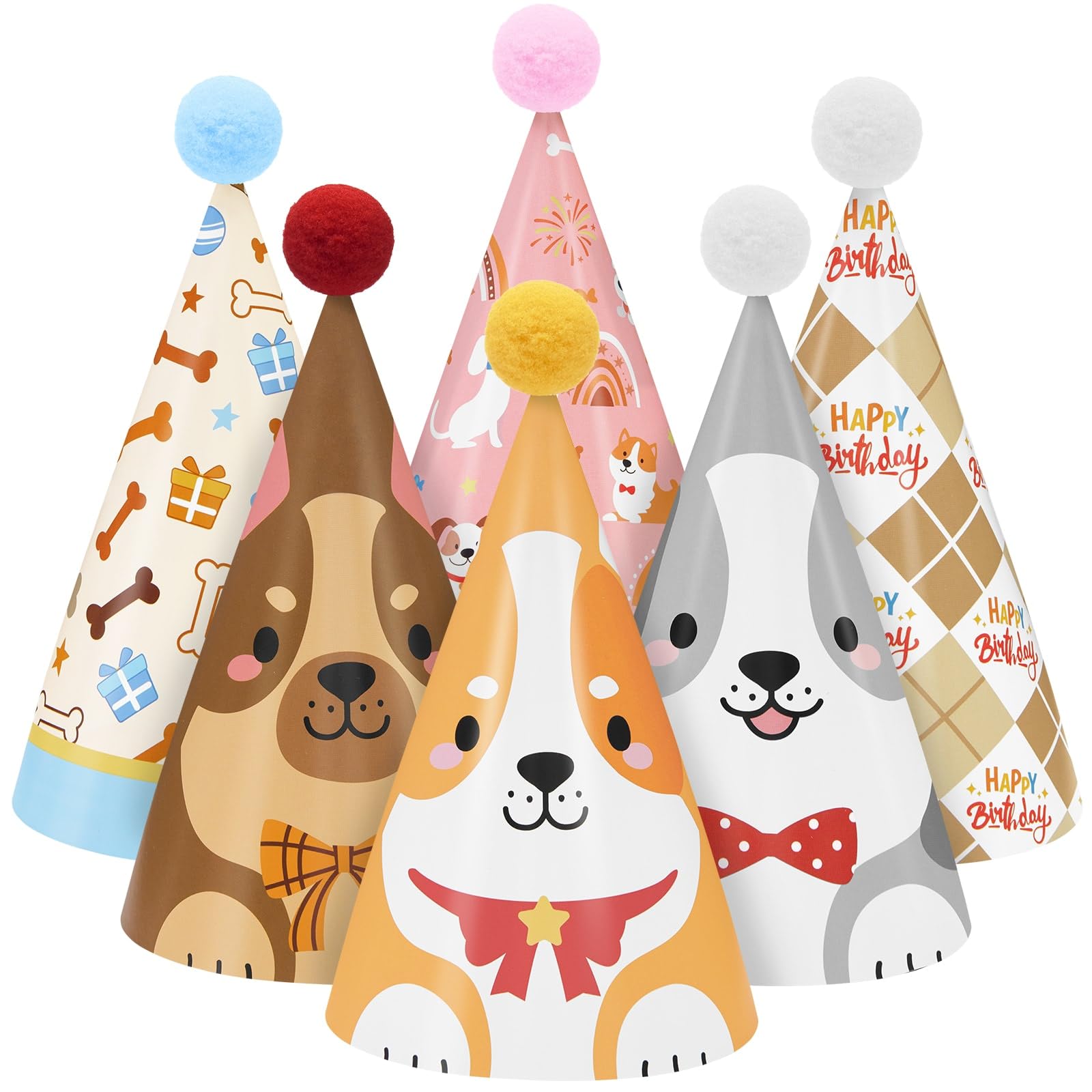 WERNNSAI 12 Pcs Dog Birthday Party Hats with Pom Poms Cute Paper Cones — image 1