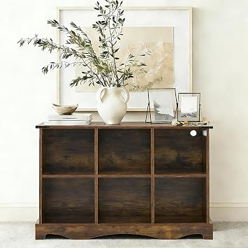 6 Cube Storage Organizer, Horizontal Cube Bookcase with LED Lights, Hallway TV Stand for Entryway, 11x11 Farmhouse Book Shelves for Living Room, Wood Display Bookcase Cabinet with Wide Top, Brown