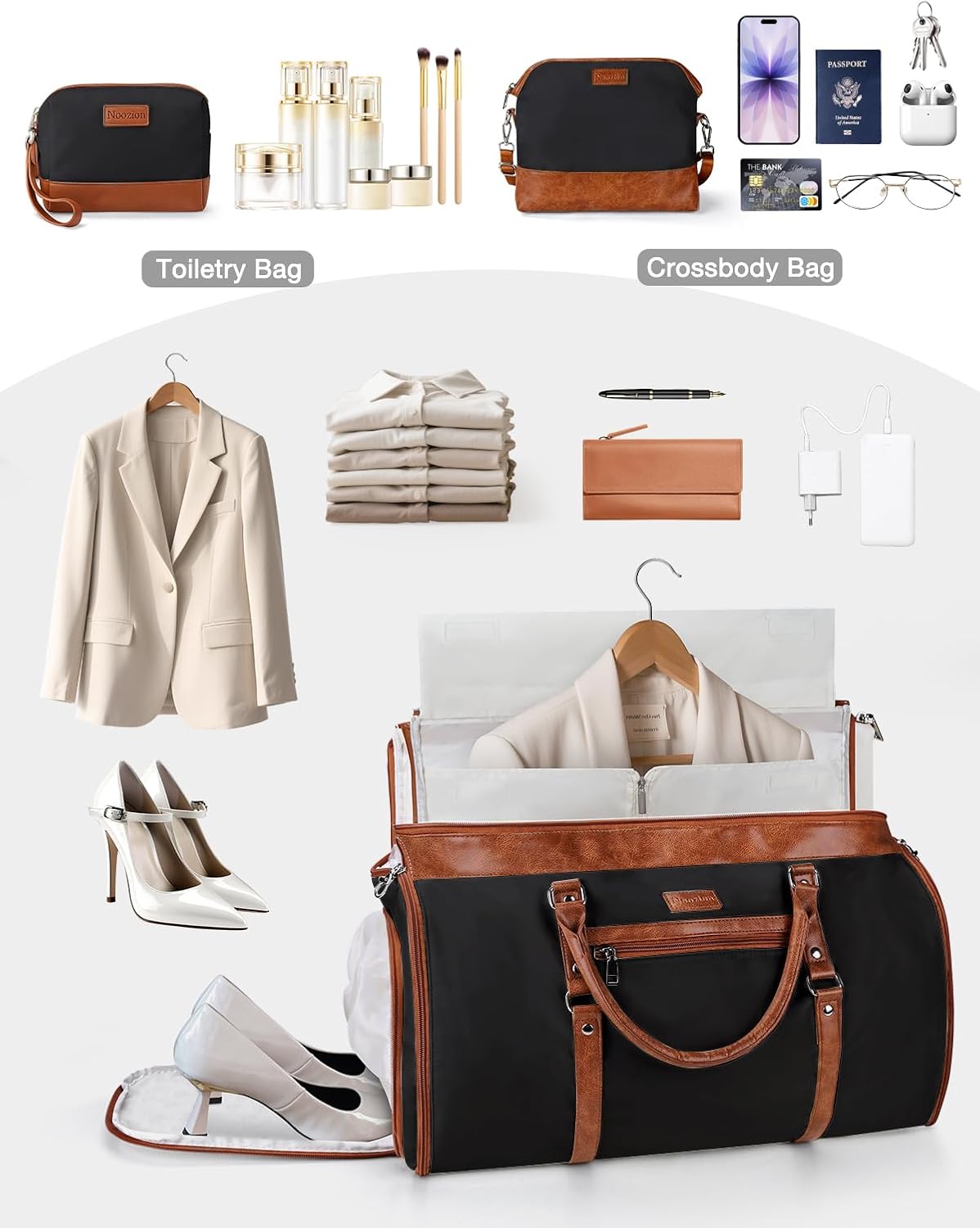 Noozion Convertible Garment Duffel Bag for Travel - Carry On Garment Bags With Toiletry Bag Large Weekender Bag for Men Women 2 in 1 Hanging Suitcase Suit Travel Duffel Overnight Bags - Image 7