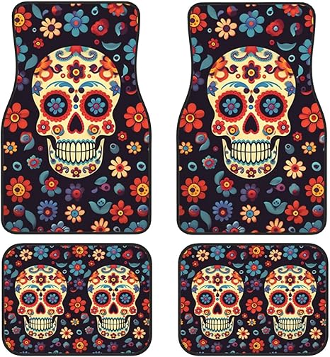 Universal Car Floor Mats Sugar Skulls Car Foot Mat Set of 4 Pieces, Anti-Slip Neoprene Auto Floor Mats Carpet, for Suvs, Sedans, Van, and Trucks