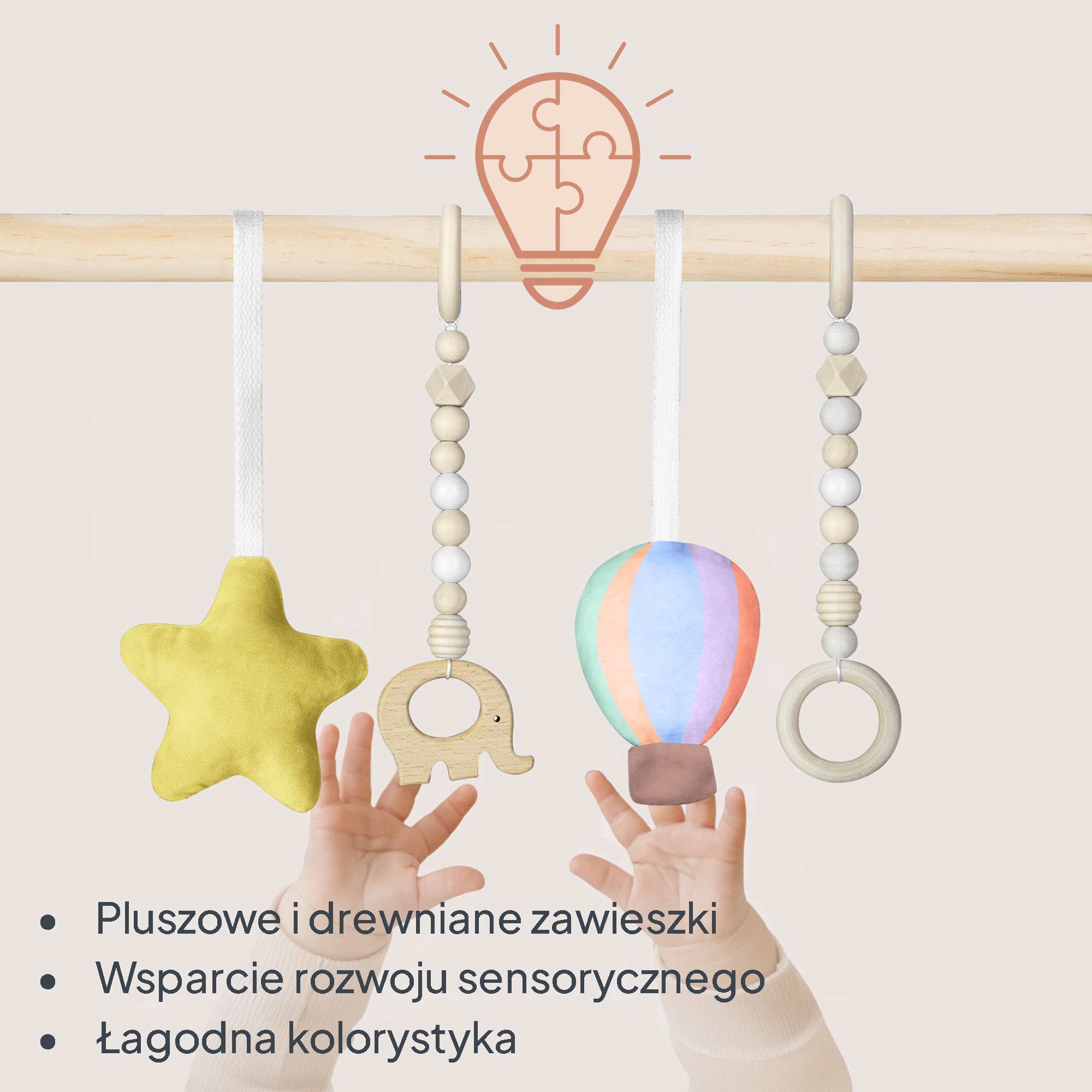 Lionelo Anis Set Mata Edukacyjna z Drewnianym Pałąkiem Miękka Bawełna dla Delikatnej Skóry, Antypoślizgowa 2 cm do Brzuszka i Raczkowania, 4 Zabawki Sensoryczne, Składana, na Prezent, 0+, 101 cm