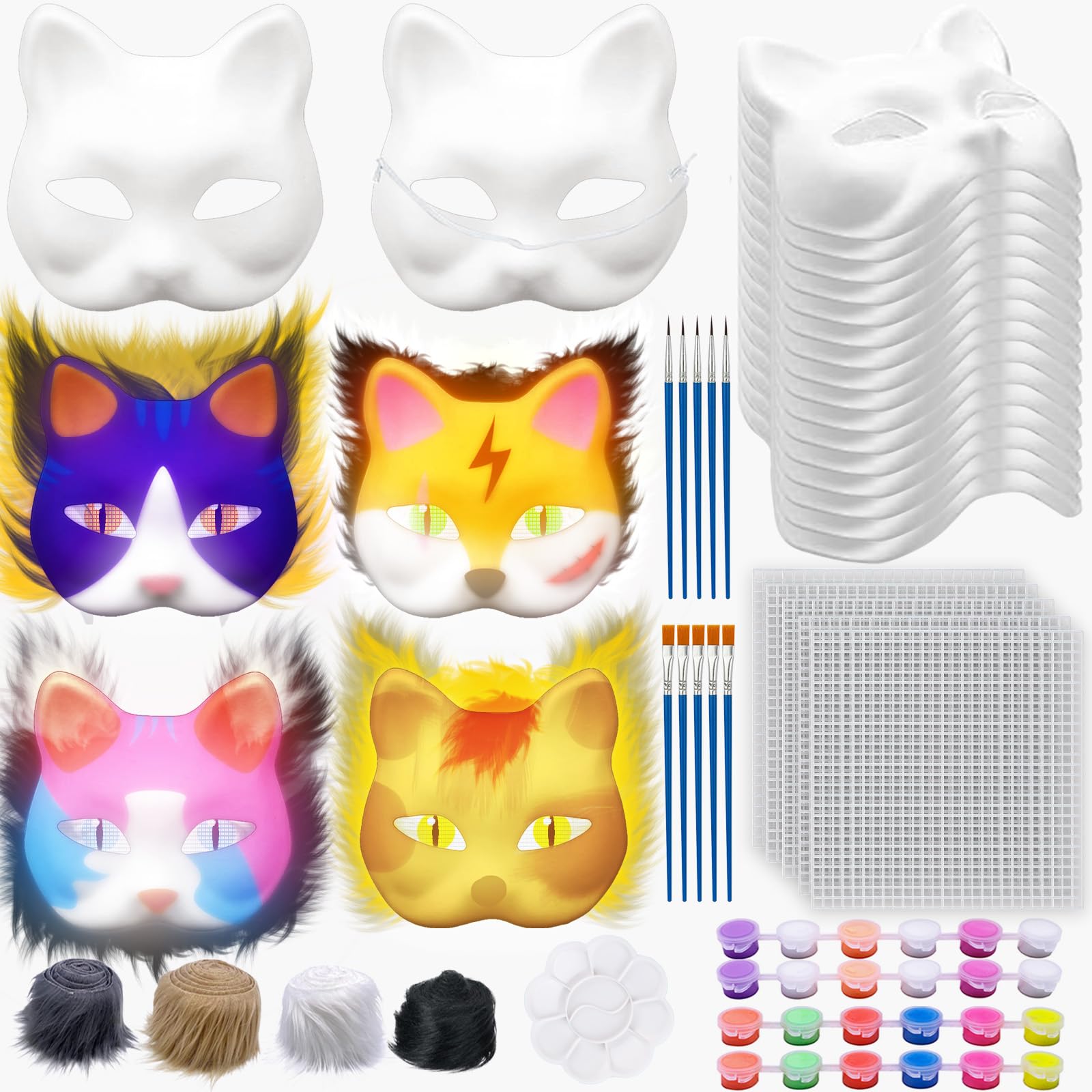 40PCS Paper Therian Mask Bulk Cat Mask Set Includes Blank Cat Mask Plush Faux Fur Fabrics Brushes Plastic Mesh Sheets Glowing Paint and Palette DIY Therian Gear Costume for Halloween Cosplay Party