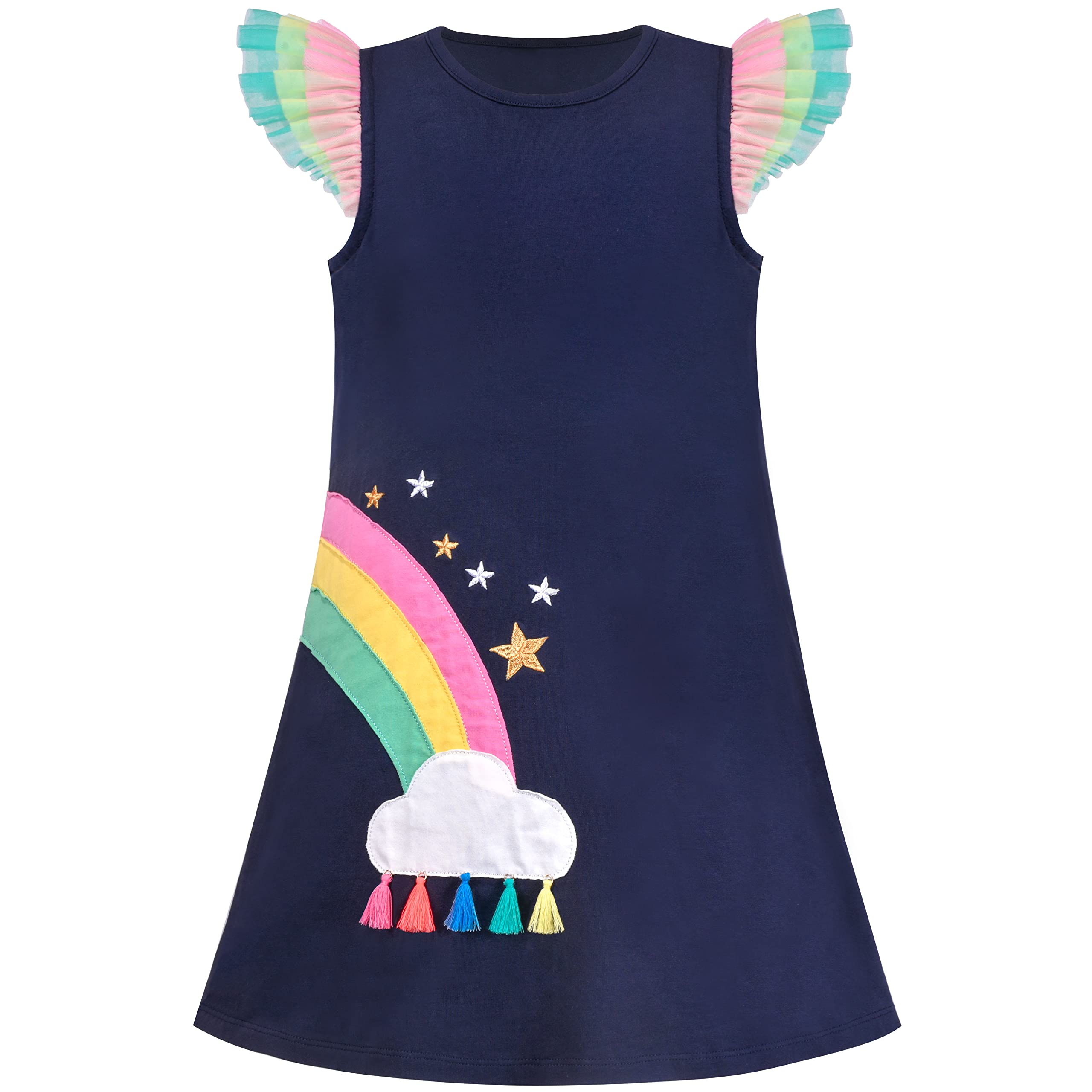 Sunny Fashion Vestido para niña Alinear Sirena Pescado Cola Arco Iris Volante Fruncido Llamarada Manga 4-8 años