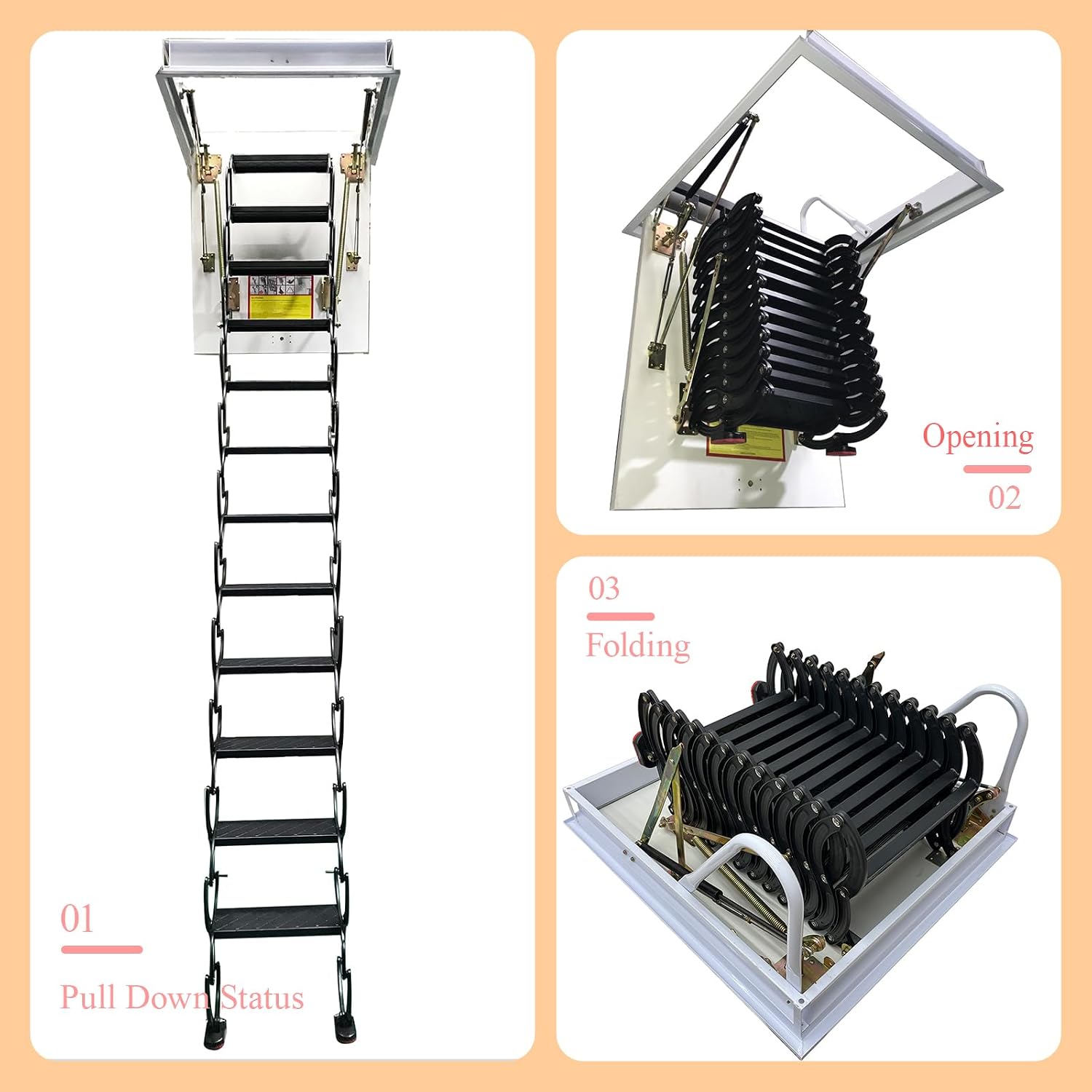 12 Steps Attic Ladder Pull Down System, Carbon Steel Attic Ceiling Folding Ladder Stairs, 9.84ft Height, 660 lbs Load, Ceiling Open Size 27.56'' x 39.37'', All Black S-Bend Structure