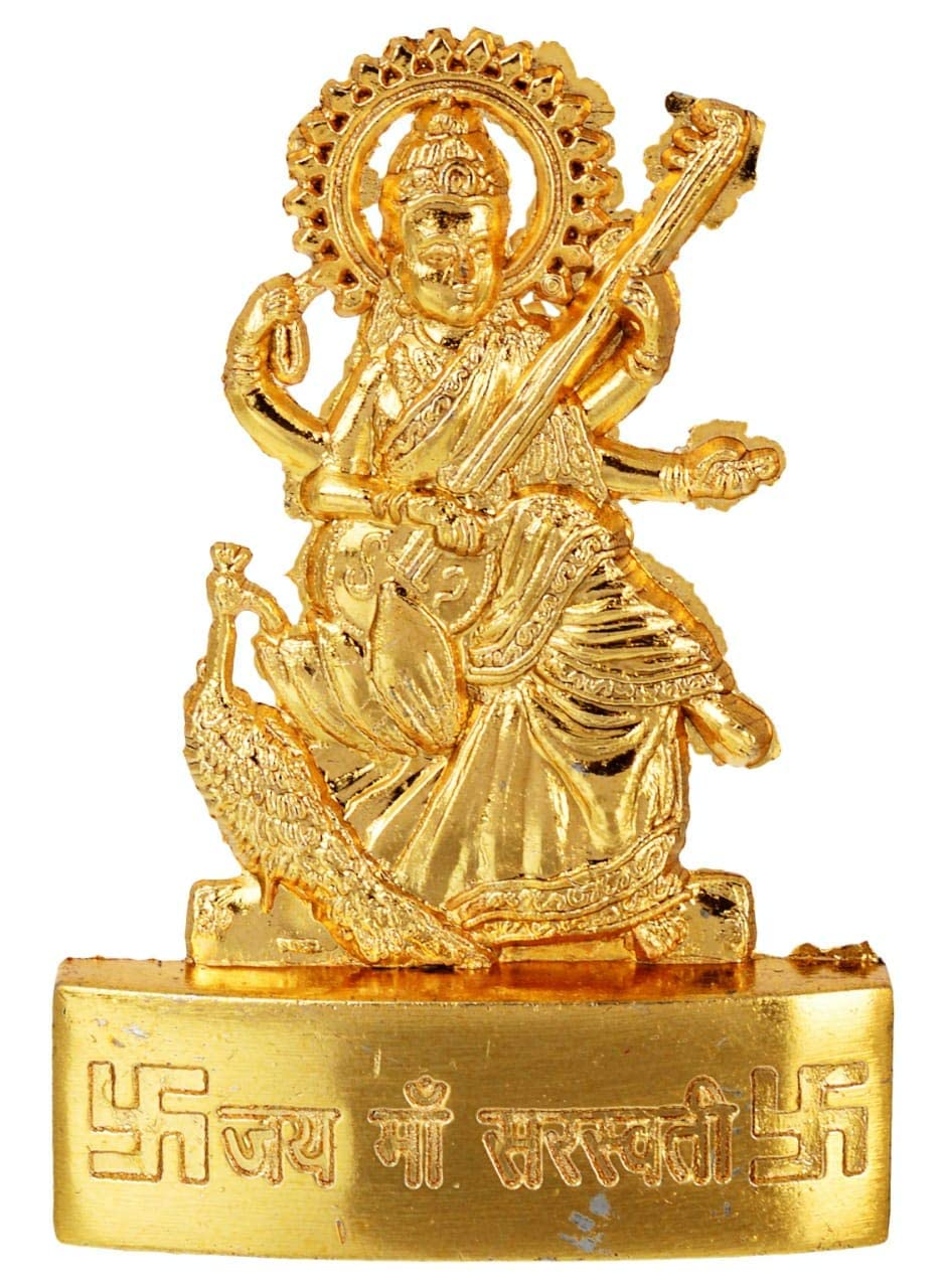 Shivaalay Heritage Goddess Saraswati Set Statue Idol Murti in Brass (4X4 Inch)