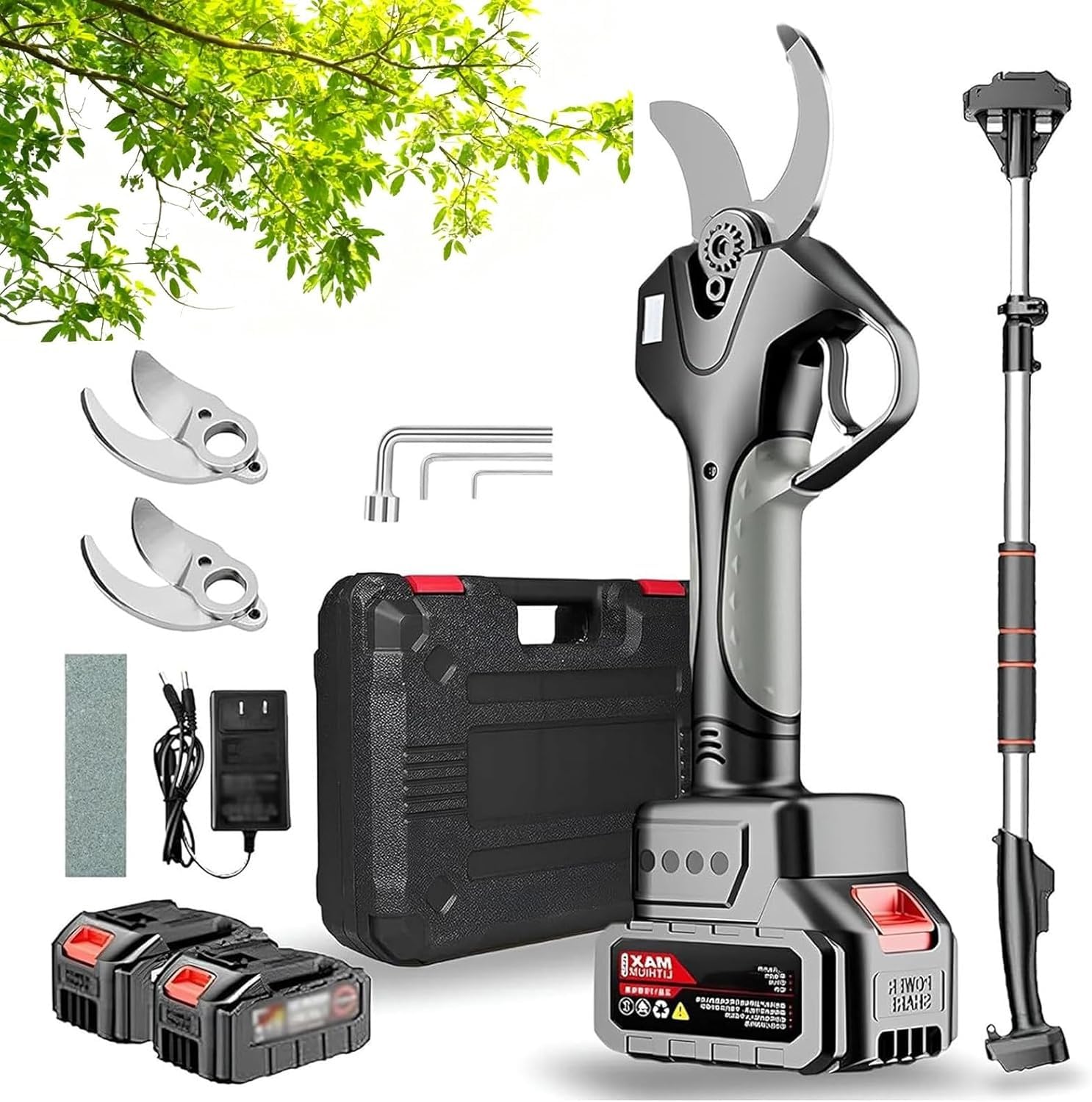 Tijeras de podar eléctricas, motor sin escobillas, hoja de acero al carbono SK5 y pantalla LCD para jardinería y poda de árboles (incluye batería).(Two Batteries)