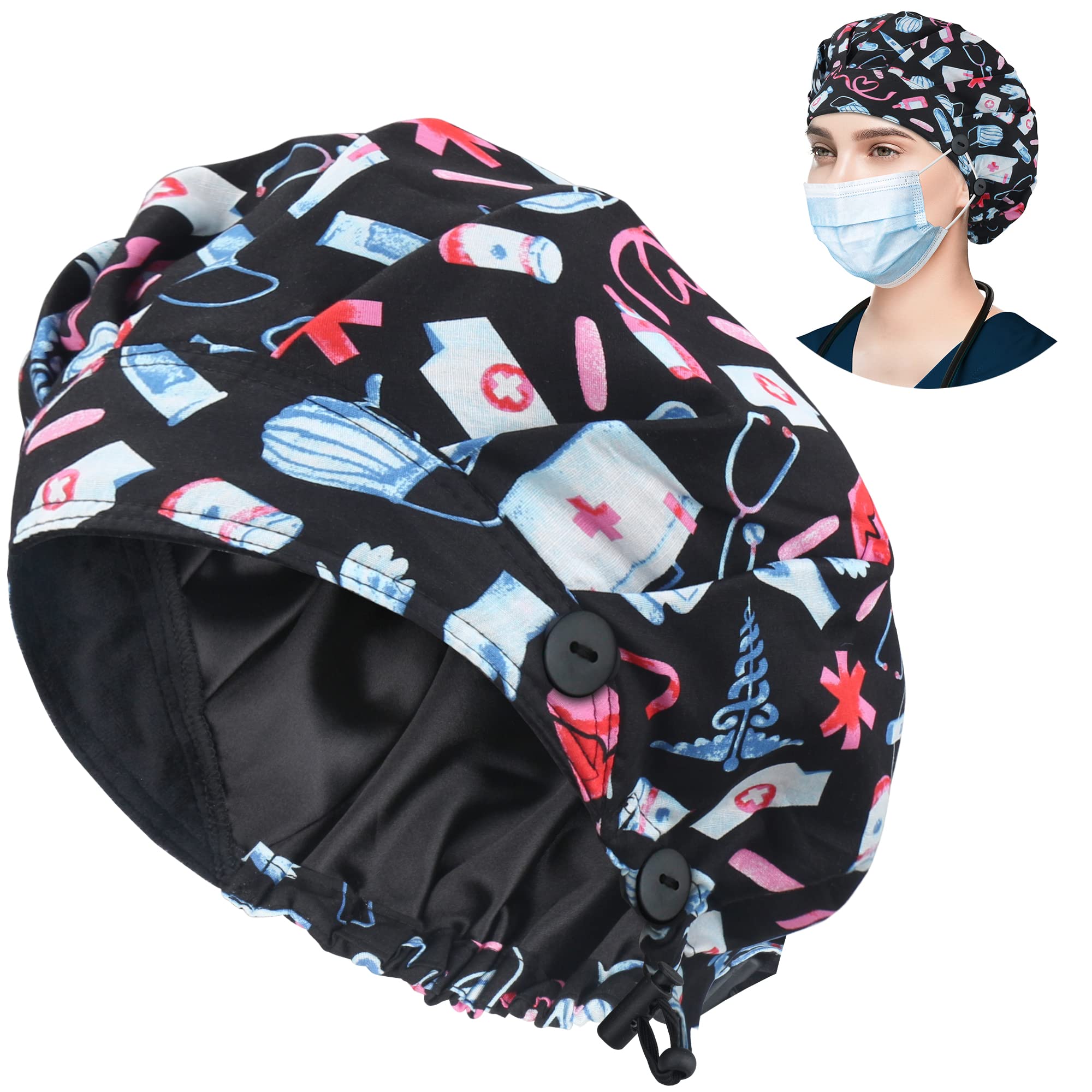 ABAMERICA Bouffant Caps with Button and Sweatband, Adjustable Scrub Caps for Women Men, One Size Multi Color
