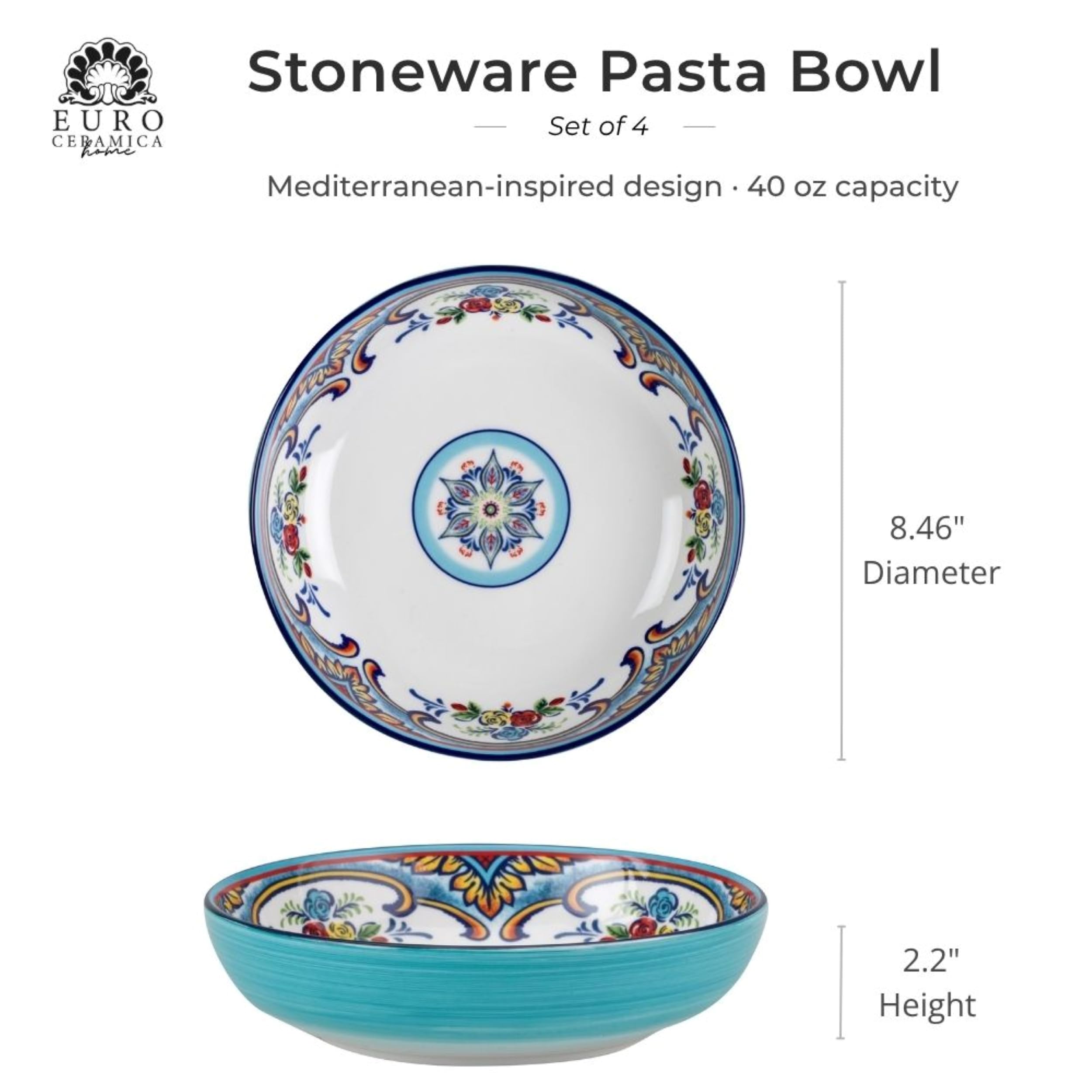 Euro Ceramica Zanzibar Collection miski do makaronu, zestaw 4 sztuk, hiszpański kwiatowy wzór, wielokolorowe niebieskie