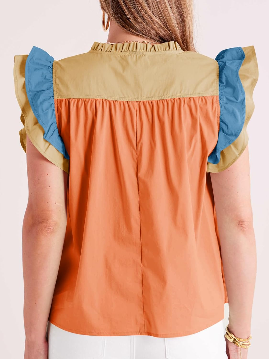 Tankaneo Womens Ruffle Color Block Tank Tops Summer Casual Dressy V Neck Pleated Blouse Loose Fit Sleeveless Shirts - Image 5