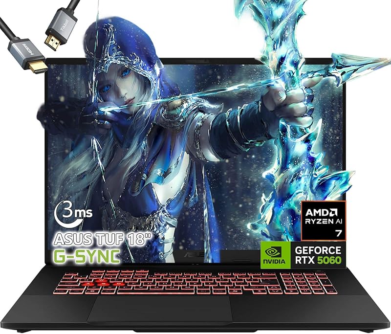 Laptop para juegos TUF A18 - AMD Ryzen 7 260 Beat i9-13905H - NVIDIA RTX 5060-64GB RAM -4TB SSD -Pantalla WUXGA de 18" - Teclado retroiluminado RGB -Thunderbolt 4 - Cámara FHD -Edición de videos creativos para jugadores