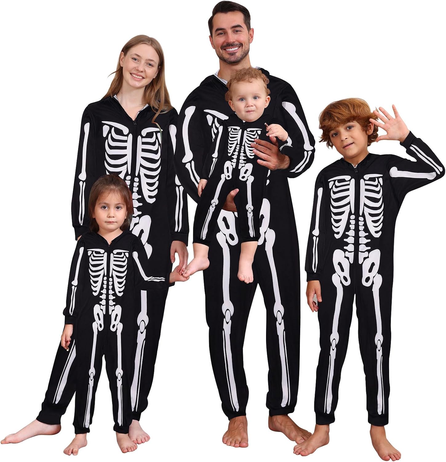 Patgoal Halloween Skeleton Costumes Matching Family One Piece Hooded Jumpsuit Bodysuit for Men Women Kids Couples Adult